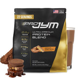 JYM Pro JYM frontal mostrando el envase y el sabor Chocolate Peanut Butter para elección rápida