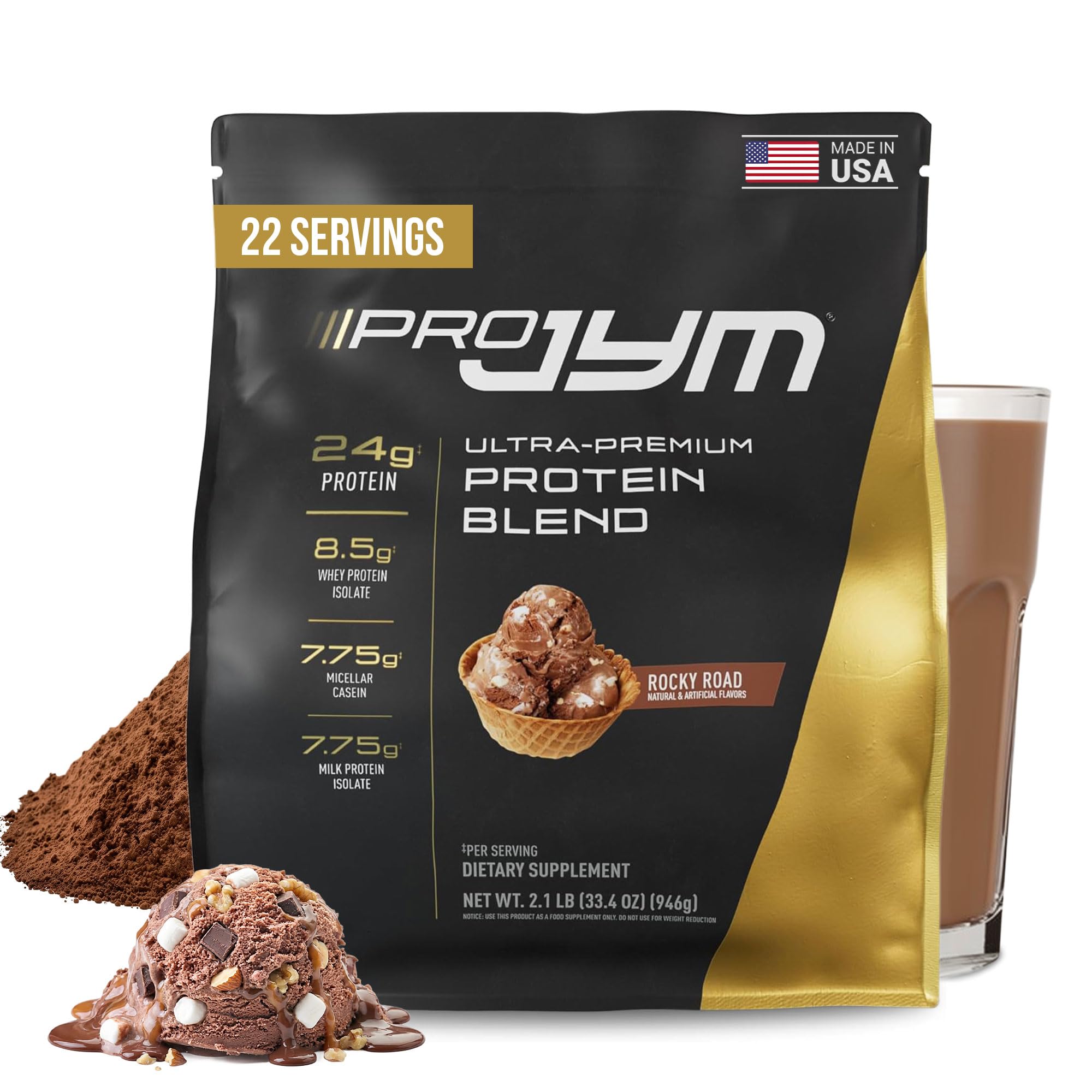 JYM Pro JYM Rocky Road envase frontal con diseño y beneficio de proteína clara