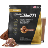 JYM Pro JYM Rocky Road envase frontal con diseño y beneficio de proteína clara