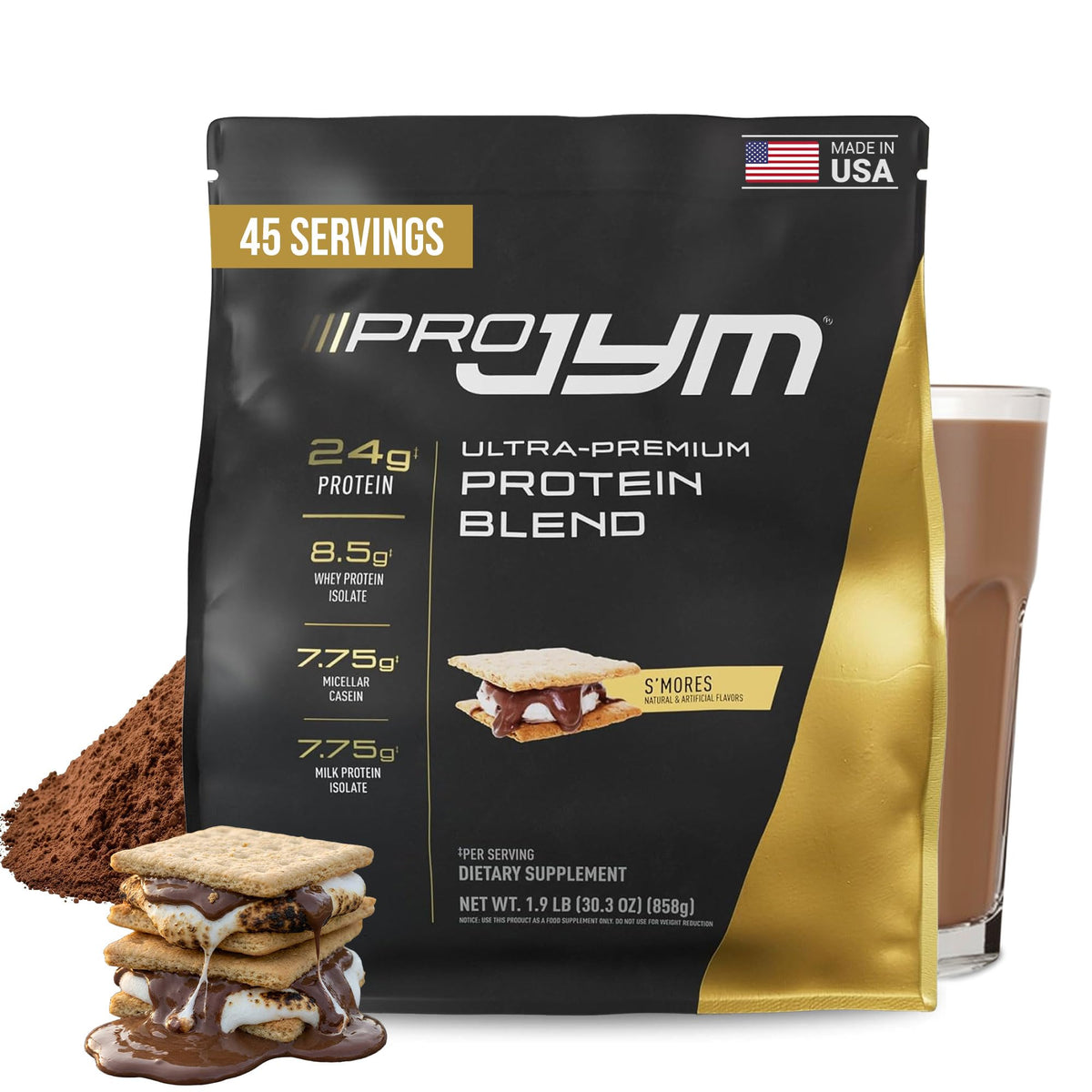 JYM Pro JYM S'mores vista frontal del envase con etiqueta clara y beneficios