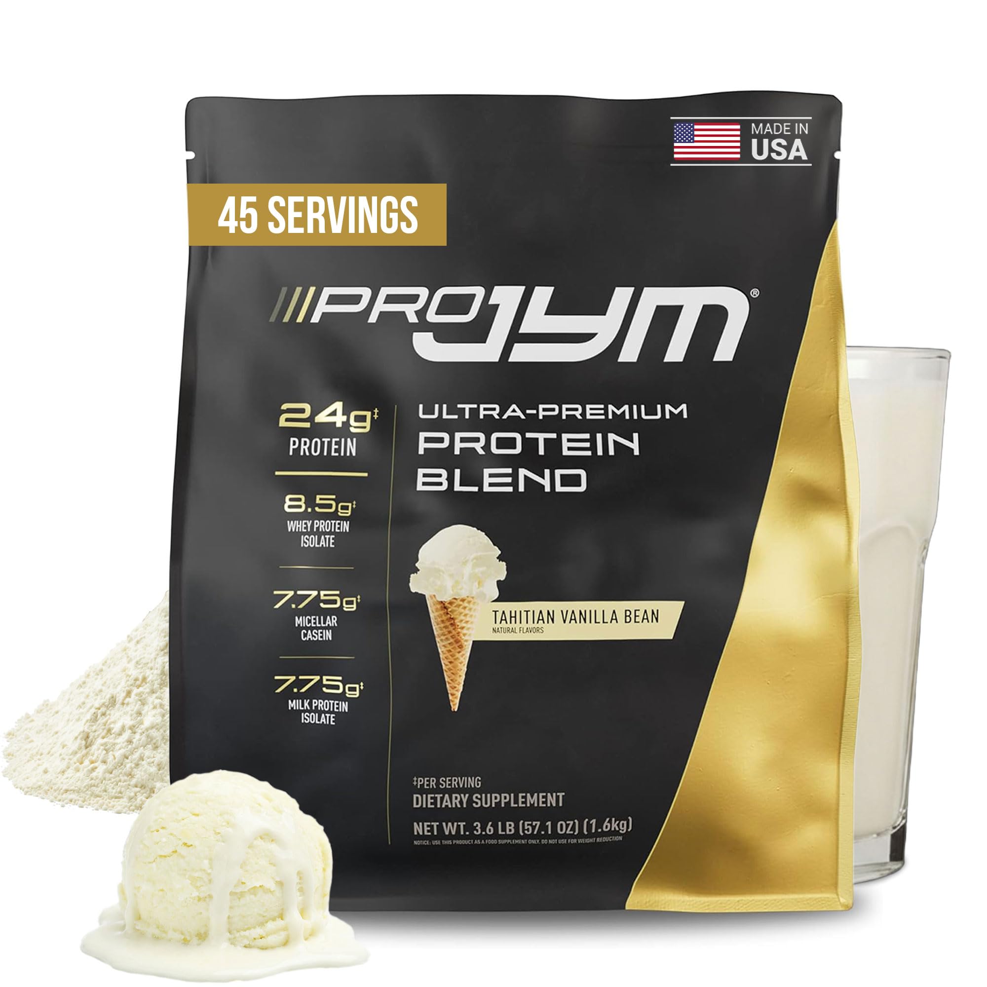 JYM Pro JYM envase frontal mostrando sabor Tahitian Vanilla y claridad de ingredientes
