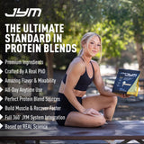 JYM Pro JYM envase junto a medida y cacahuetes para visualizar tamaño y porciones