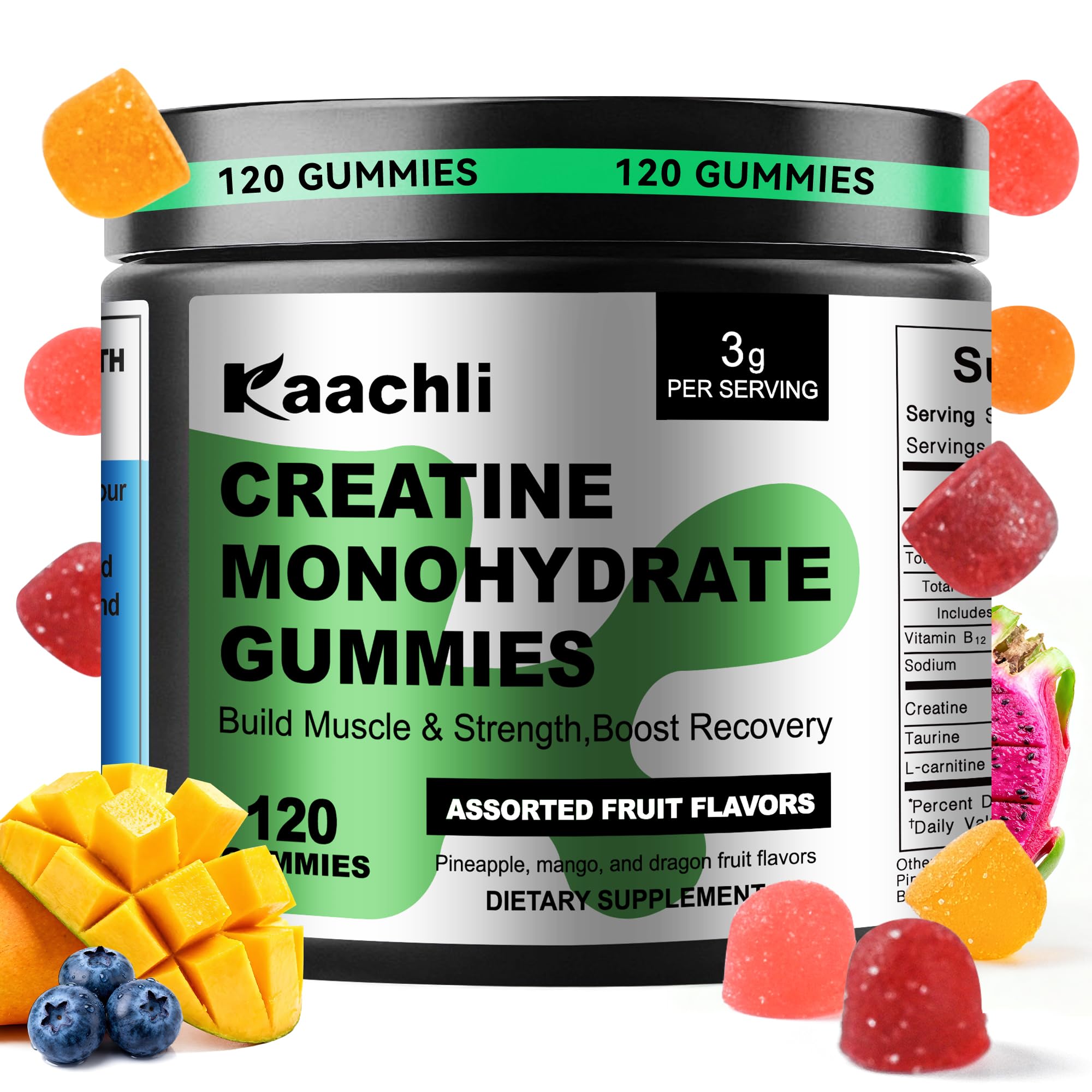 KAACHLI envase frontal de gomitas con creatina, práctico y portátil