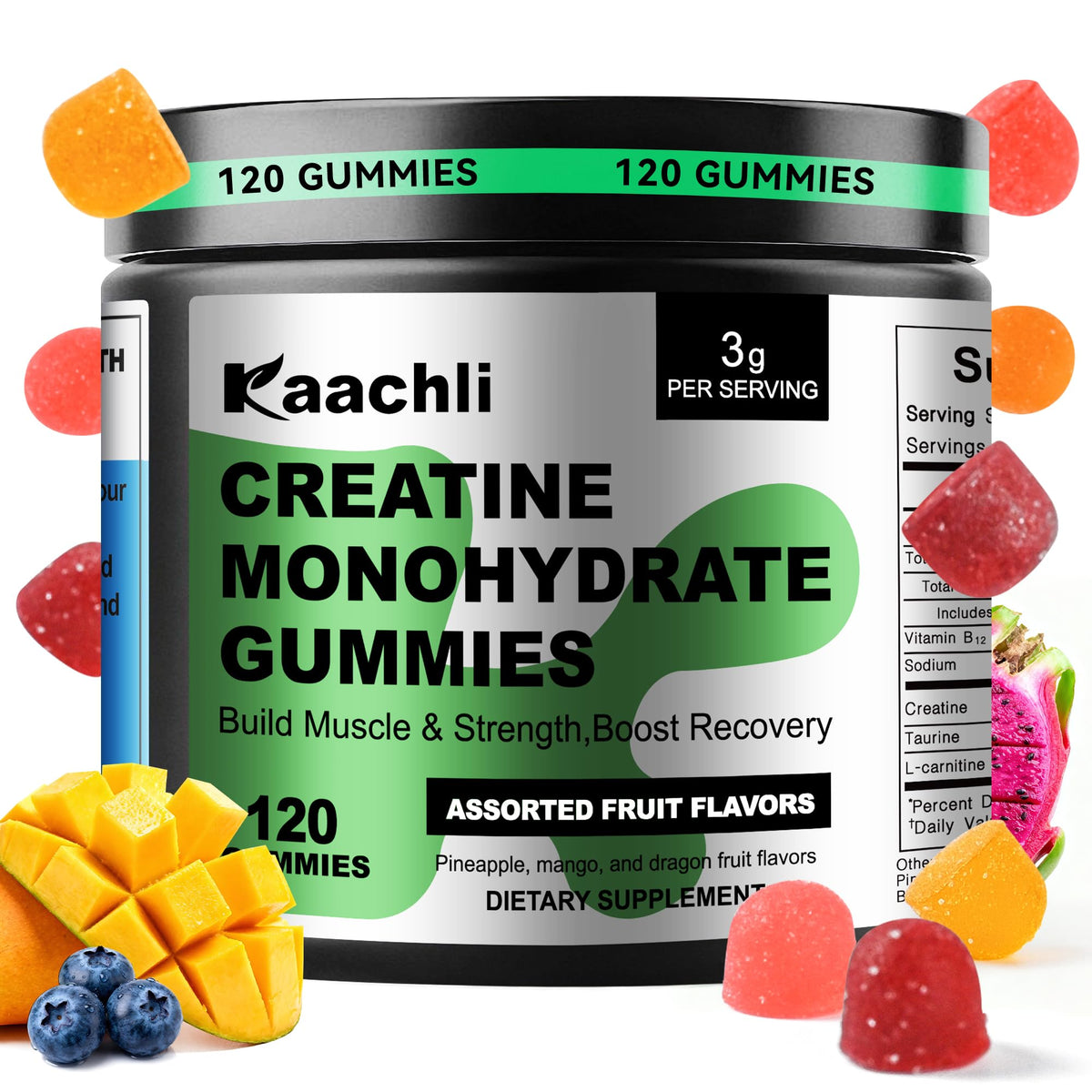 KAACHLI envase frontal de gomitas con creatina, práctico y portátil