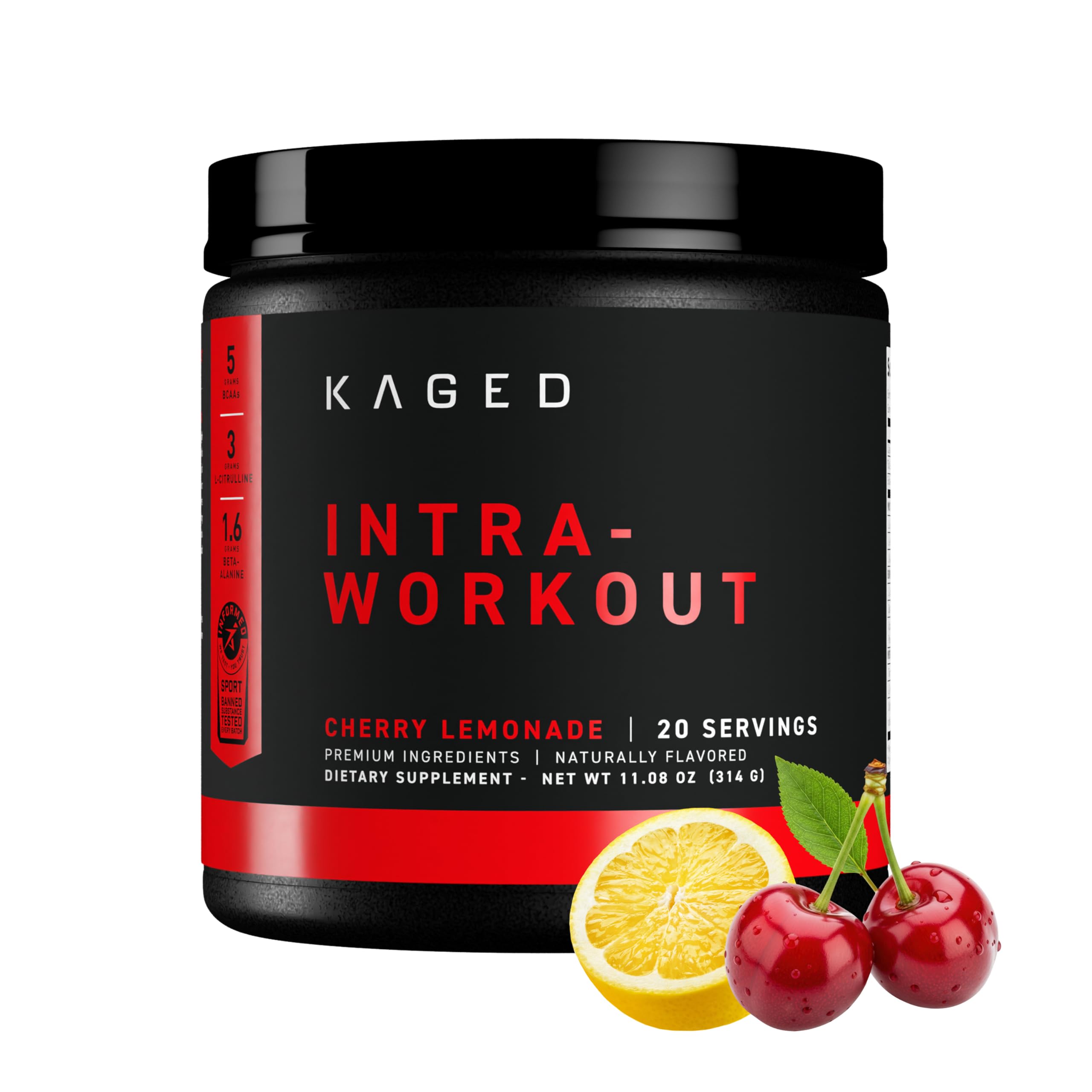 Kaged bote frontal Cherry Limeade mostrando etiqueta y beneficios