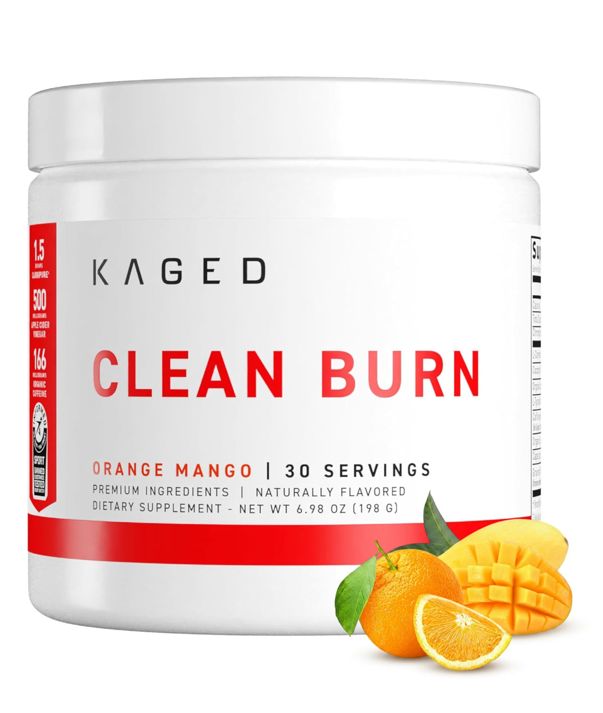Kaged envase frontal que muestra sabor naranja mango y beneficios claros
