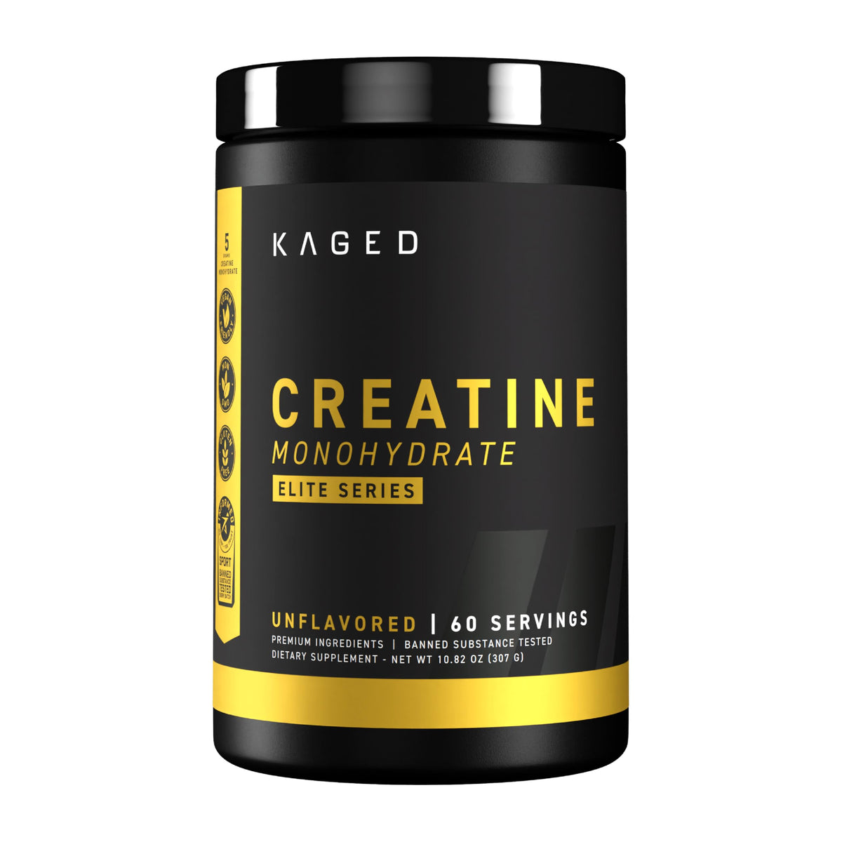 Kaged envase frontal mostrando creatine monohydrate y diseño claro para confianza
