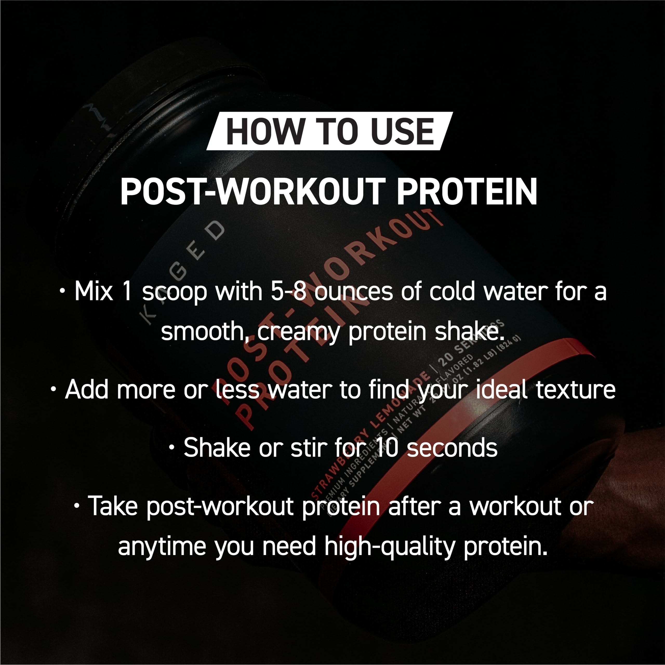 Kaged producto en entorno de gimnasio demostrando uso post-entrenamiento eficaz