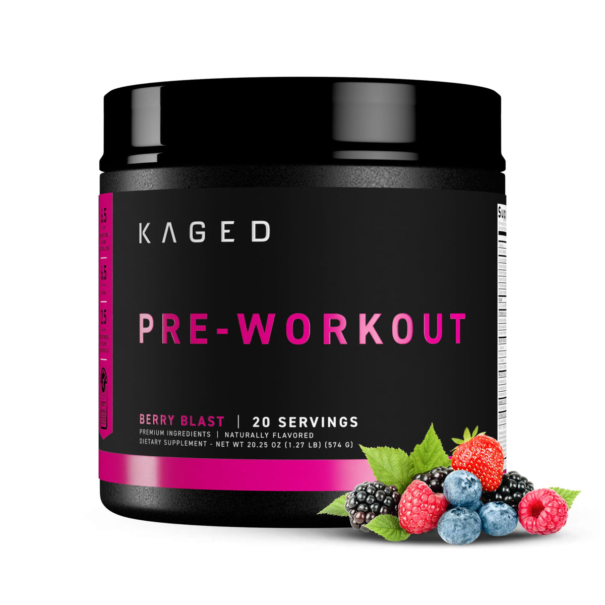 Kaged frasco Berry Blast frente mostrando diseño y marca, ideal para elegir pre-entrenamiento