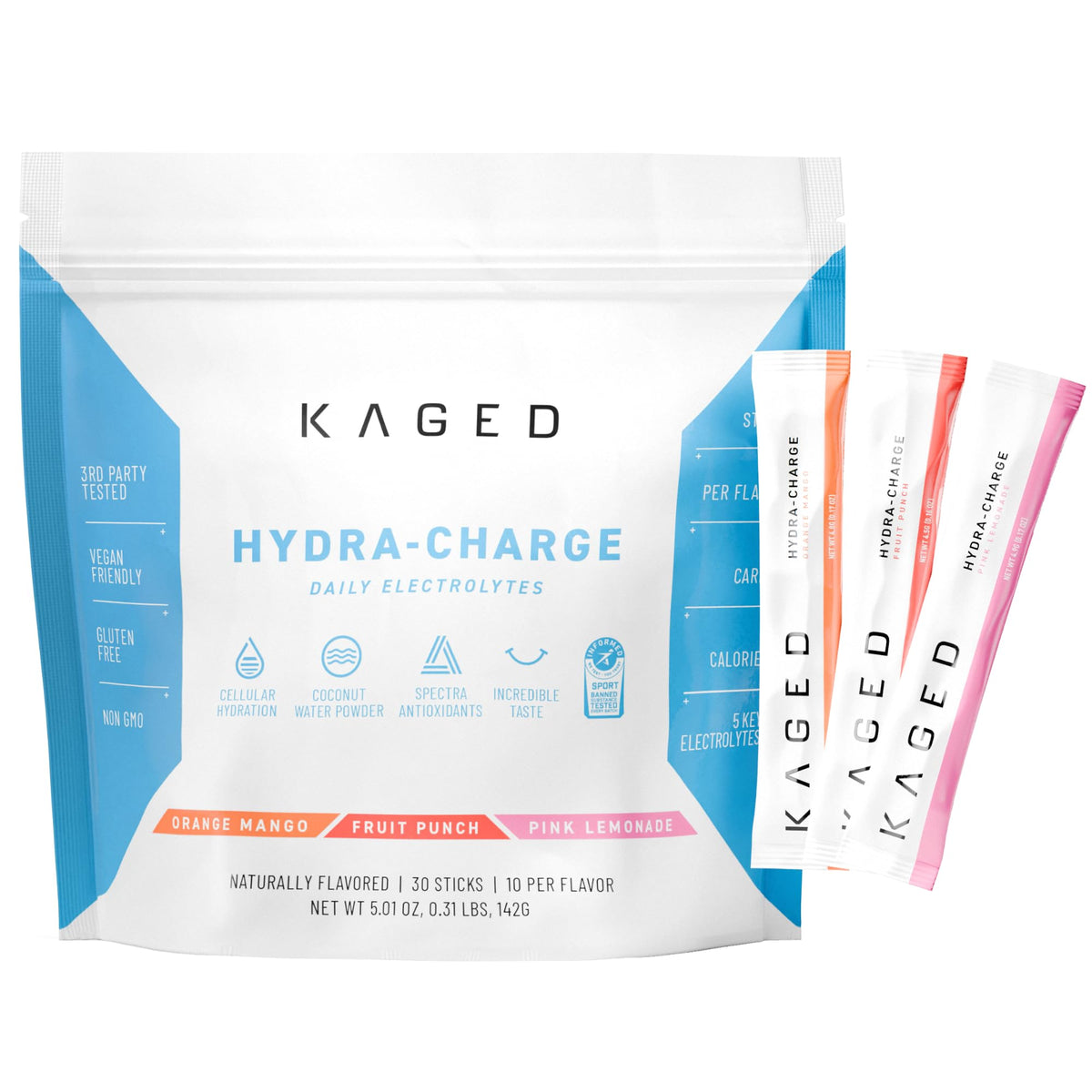 Kaged empaque frontal mostrando 30 sobres y beneficios de hidratación