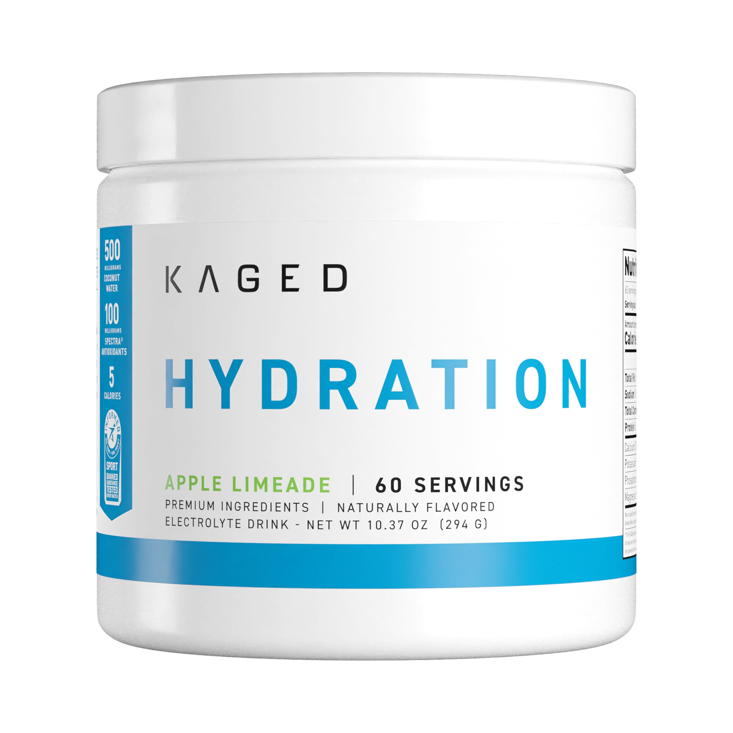 Kaged envase delantero mostrando sabor manzana-limonada y beneficios de hidratación