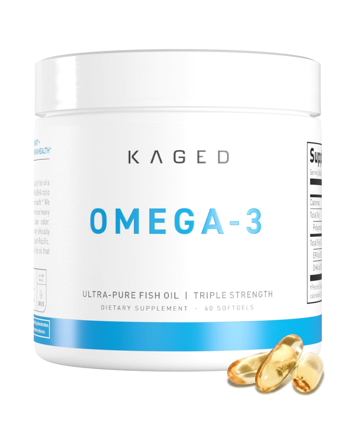 Kaged omega 3 frontal mostrando el envase y la dosis concentrada