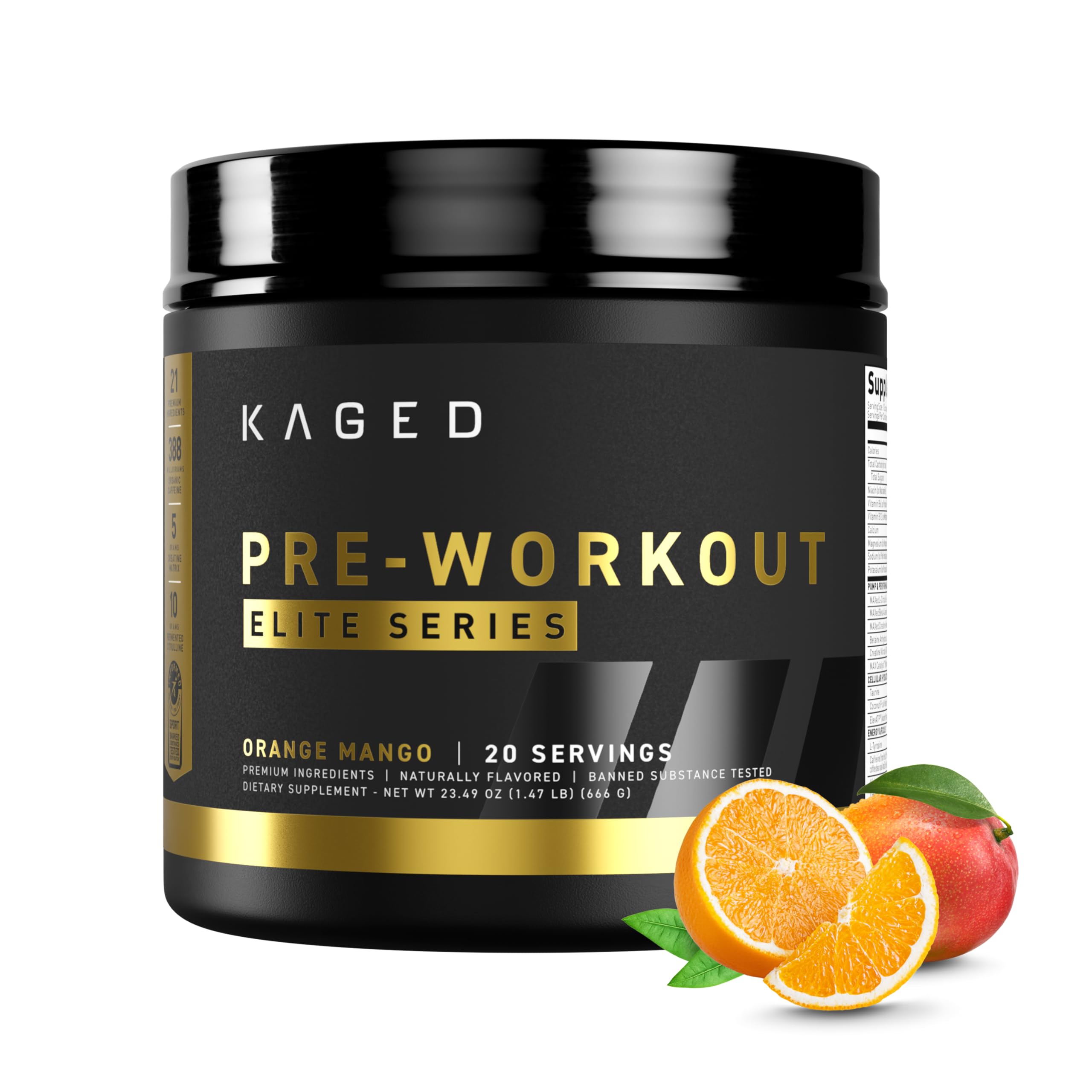 Kaged Pre-Kaged Elite frente del envase mostrando sabor naranja mango y beneficios