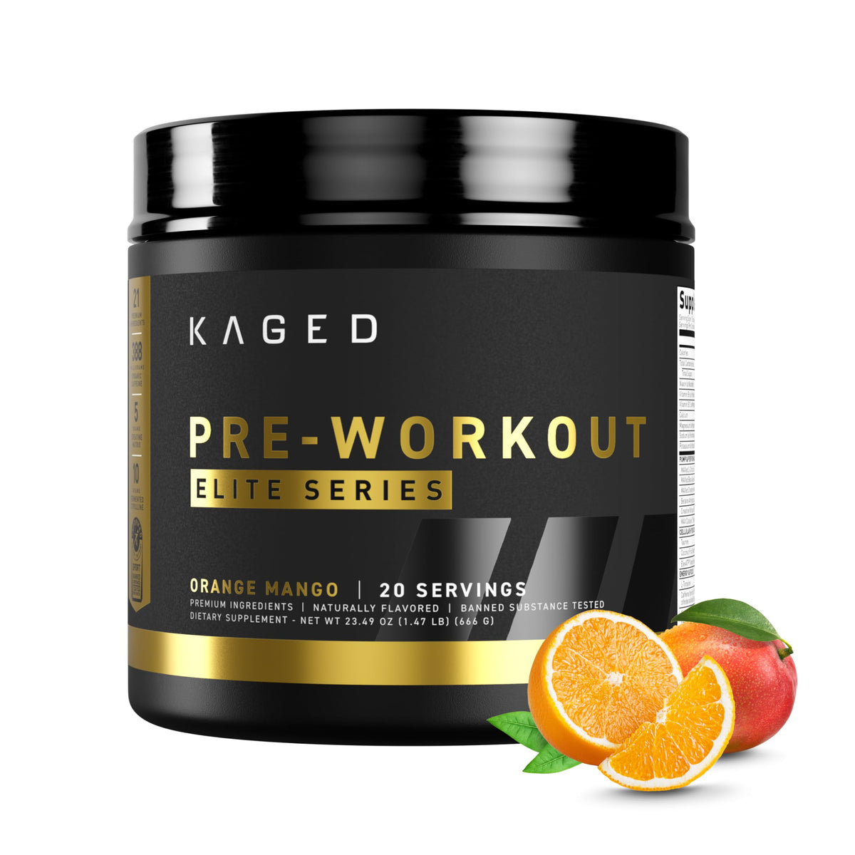 Kaged Pre-Kaged Elite frente del envase mostrando sabor naranja mango y beneficios