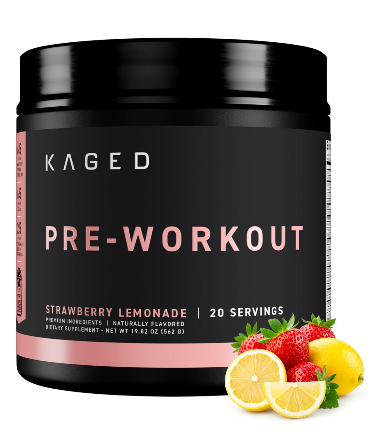 Kaged Pre-Kaged frente del envase mostrando sabor fresa limonada y beneficio de energía limpia