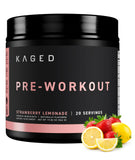 Kaged Pre-Kaged frente del envase mostrando sabor fresa limonada y beneficio de energía limpia