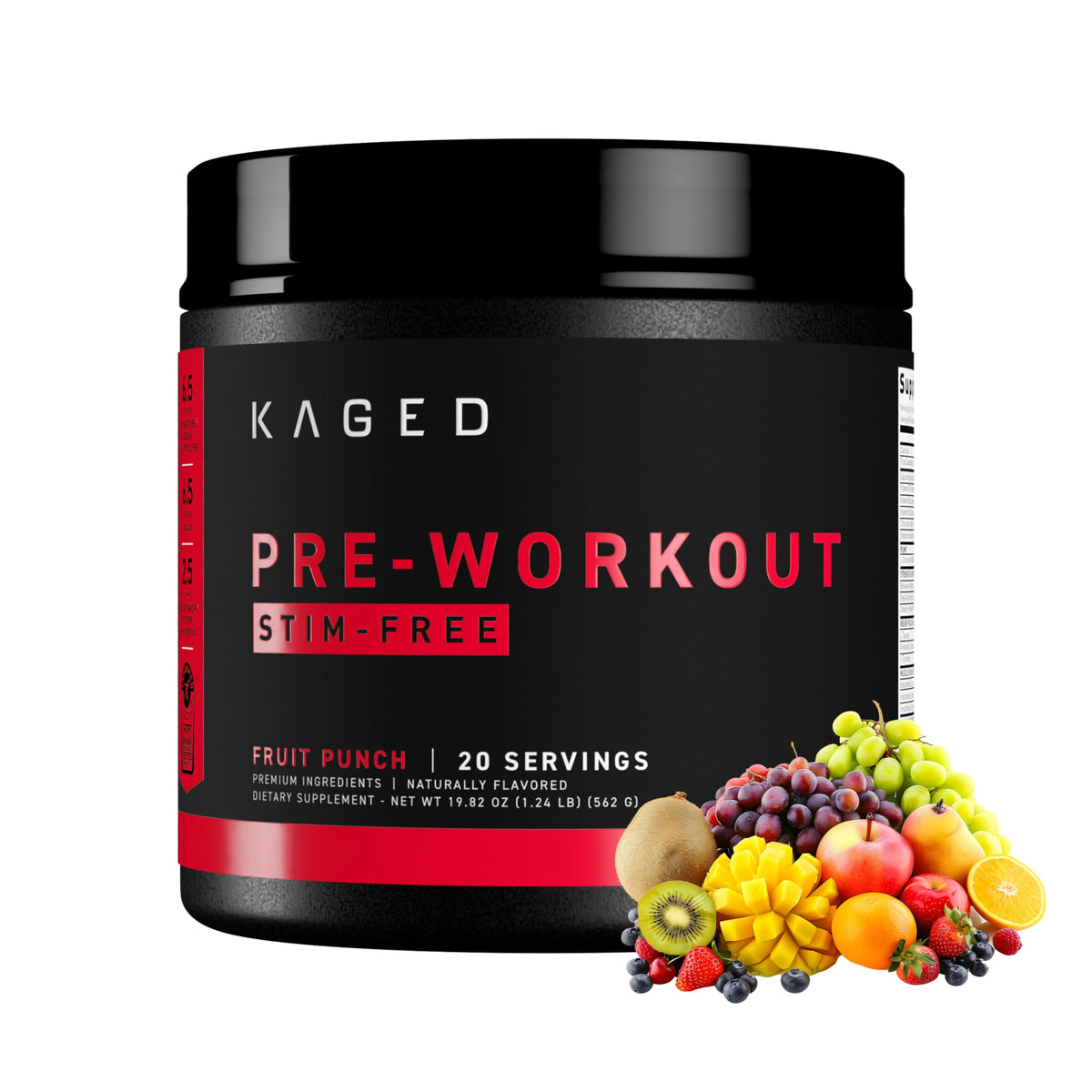 Kaged envase frontal Pre-Kaged Fruit Punch mostrando diseño y beneficios