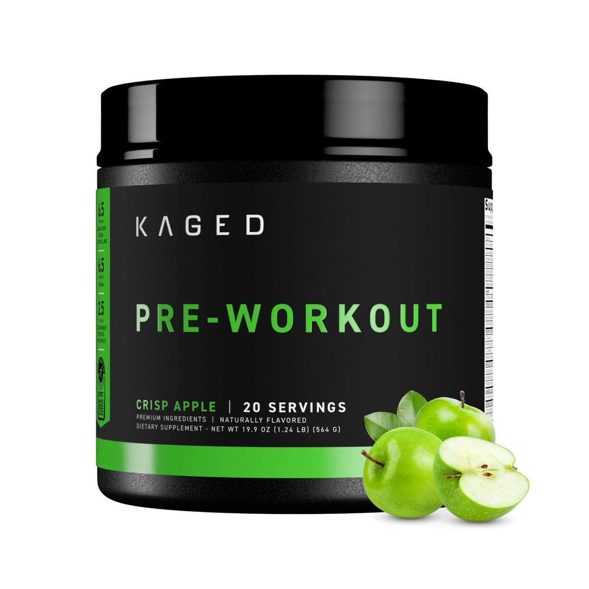 Kaged Pre-Kaged botella frontal mostrando diseño y sabor Krisp Apple
