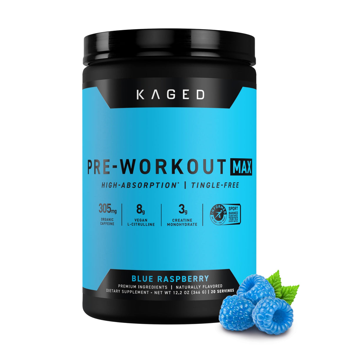 Kaged envase frontal Blue Raspberry mostrando diseño y ventaja energética