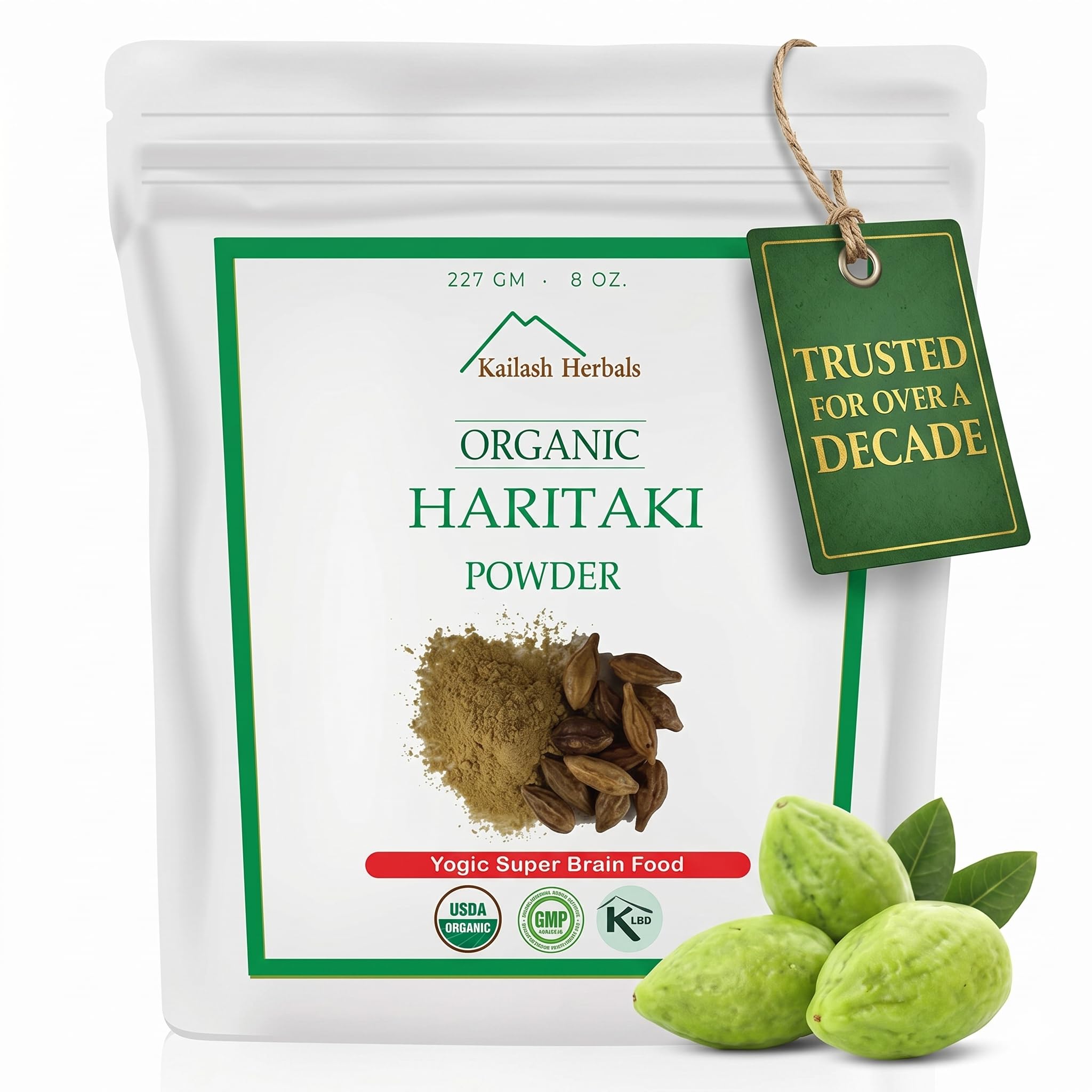 Kailash Herbals frasco frontal con Haritaki orgánico muestra confianza