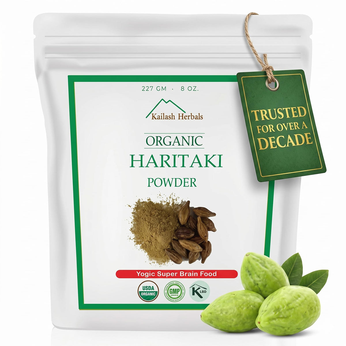 Kailash Herbals frasco frontal con Haritaki orgánico muestra confianza