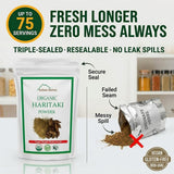 Kailash Herbals media cucharadita de Haritaki mostrando la dosis sugerida