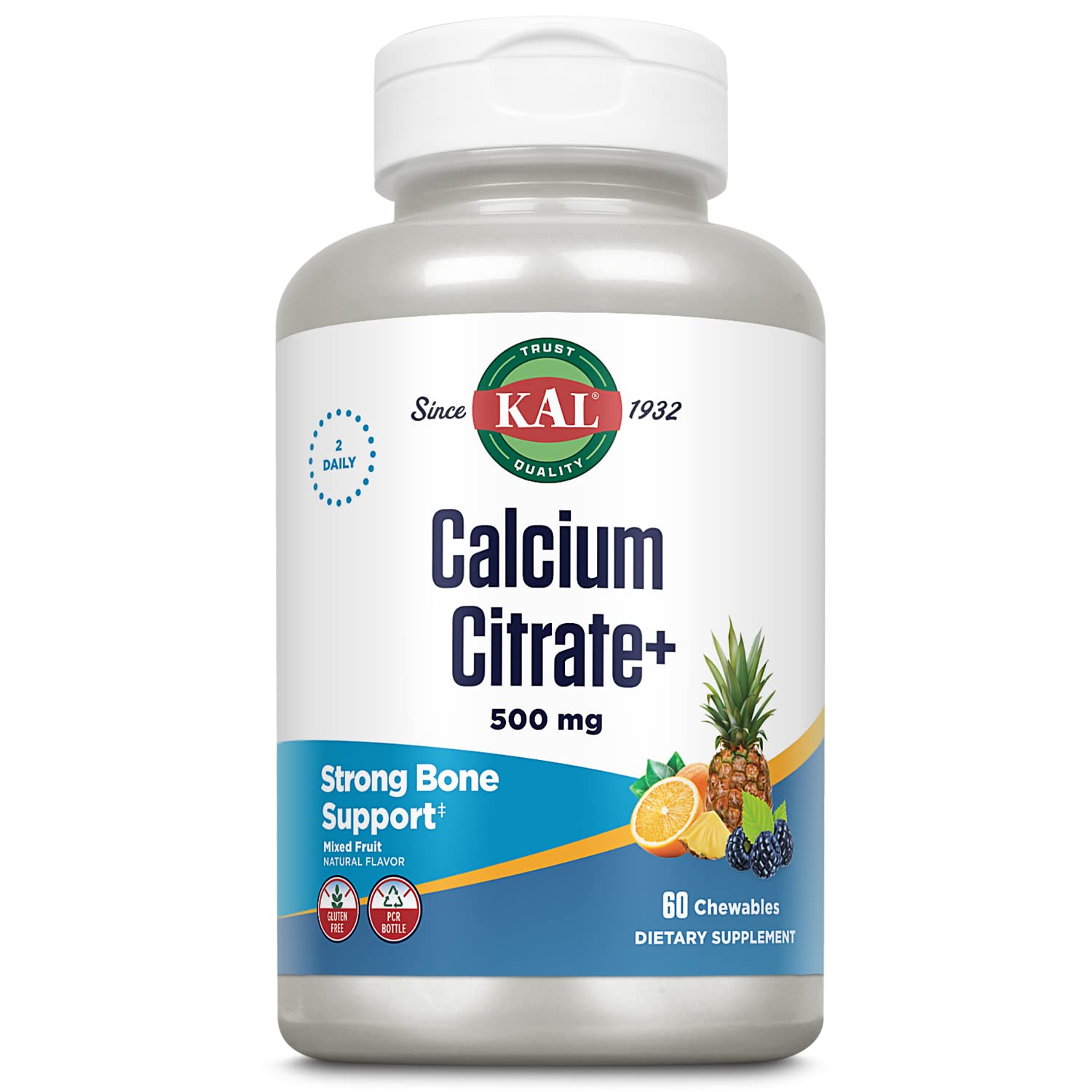 KAL envase frontal del Calcium Citrate+ mostrando 60 tabletas y sabor frutal, para toma diaria