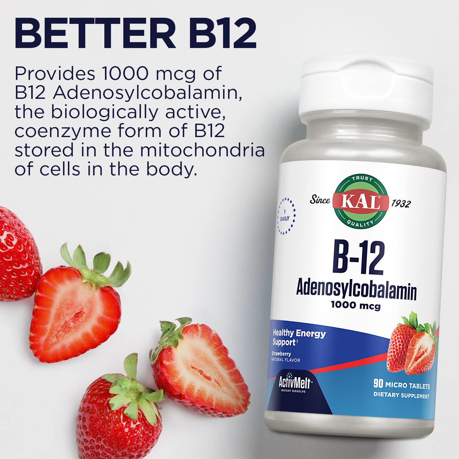 KAL etiqueta nutricional legible indicando 1000 mcg de B12