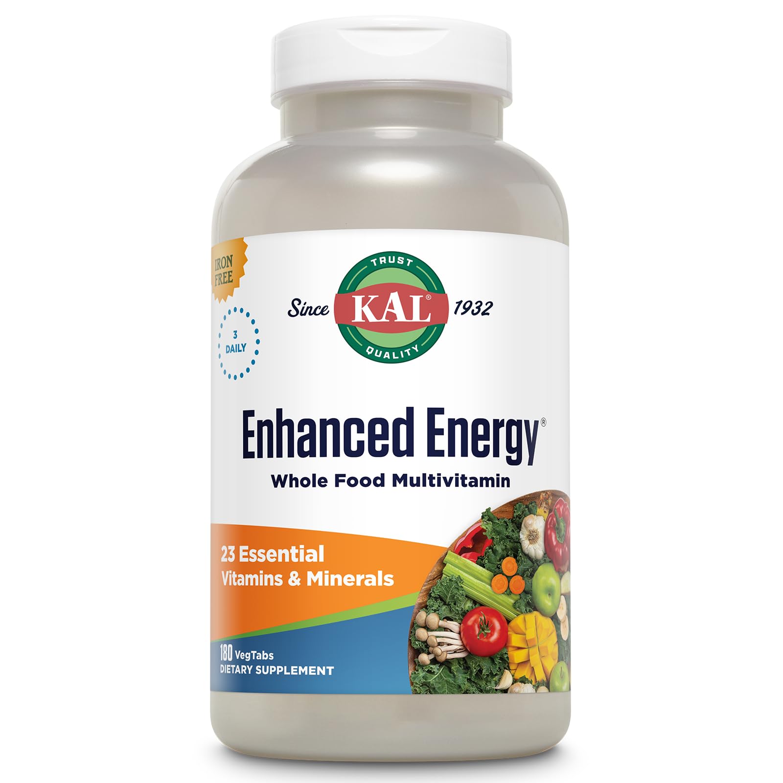 Frasco frontal KAL Enhanced Energy Multivitamin mostrando el envase y cantidad