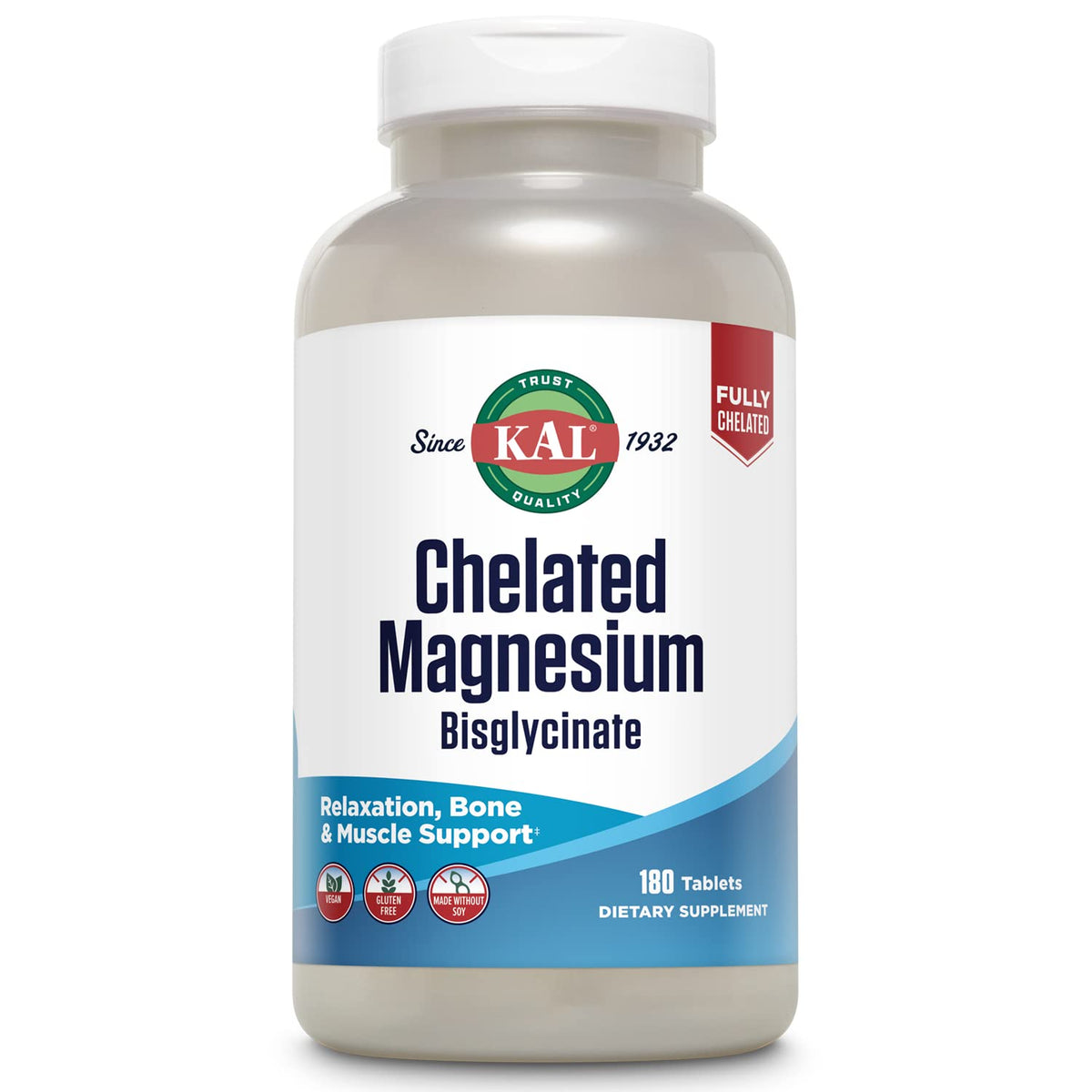 KAL frasco frontal del Magnesium Bisglycinate mostrando etiquetas claras y beneficios