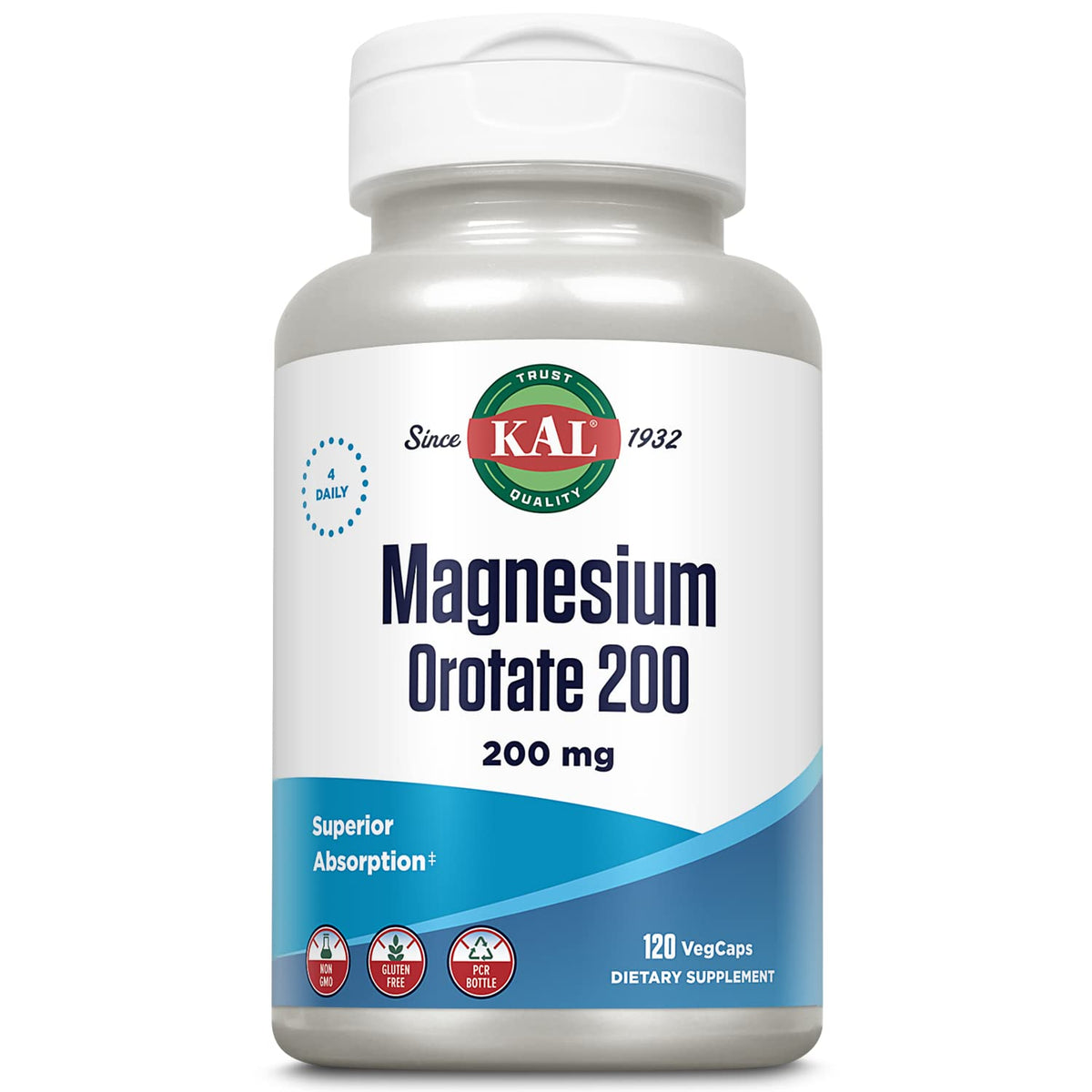 KAL frasco frontal de Magnesium Orotate mostrando el envase y pureza