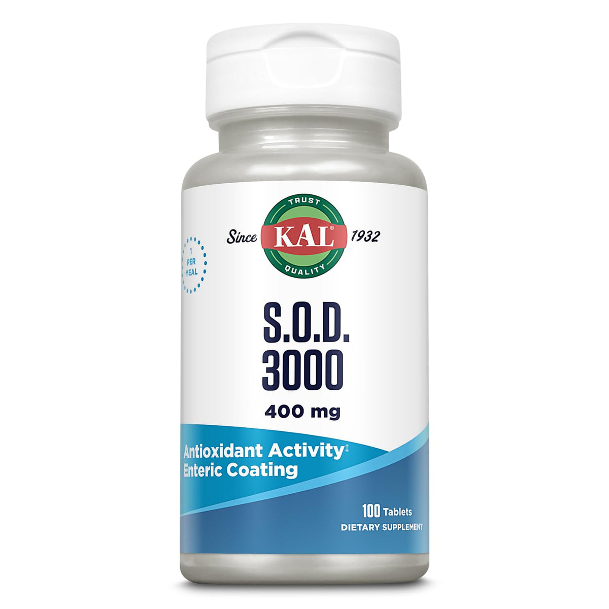 KAL frasco frontal S.O.D. 3000 mostrando el envase y beneficio de conveniencia