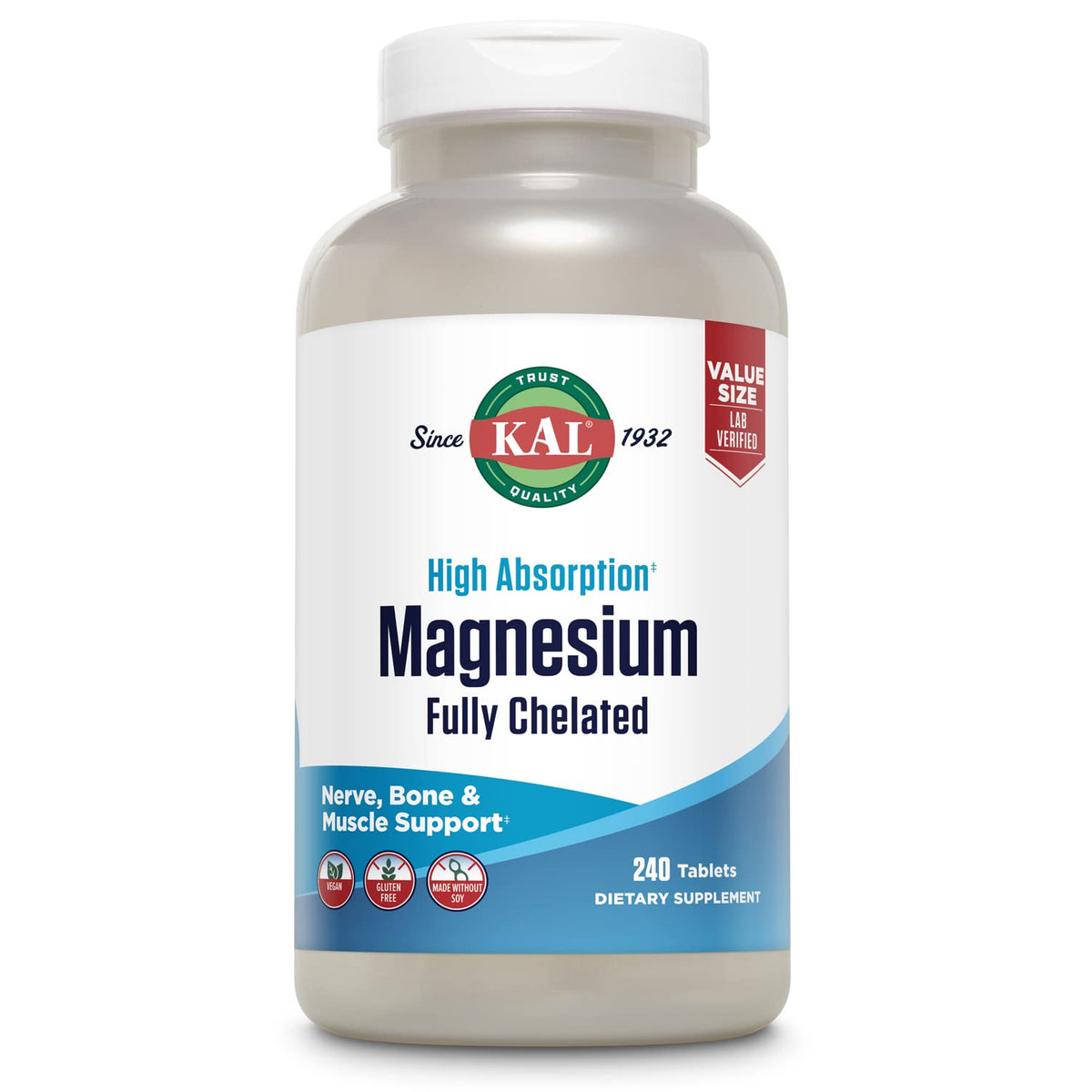 KAL envase frontal de magnesio glicinato mostrando el tamaño y beneficio de absorción