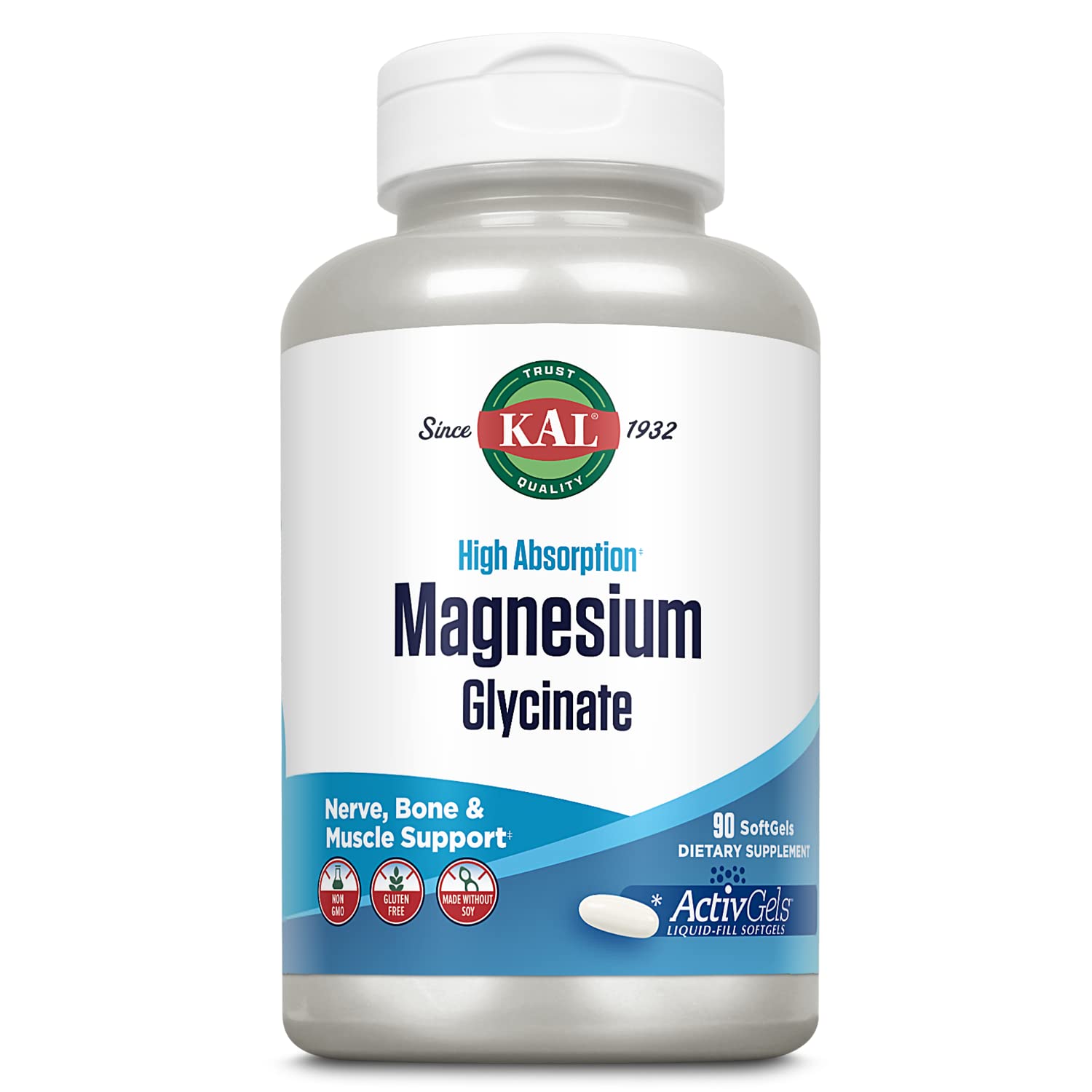 KAL frente del envase mostrando 90 softgels y beneficios de absorción