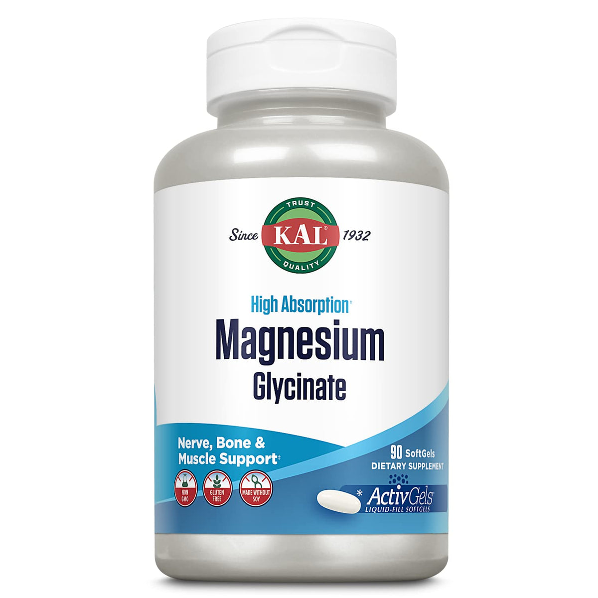 KAL frente del envase mostrando 90 softgels y beneficios de absorción