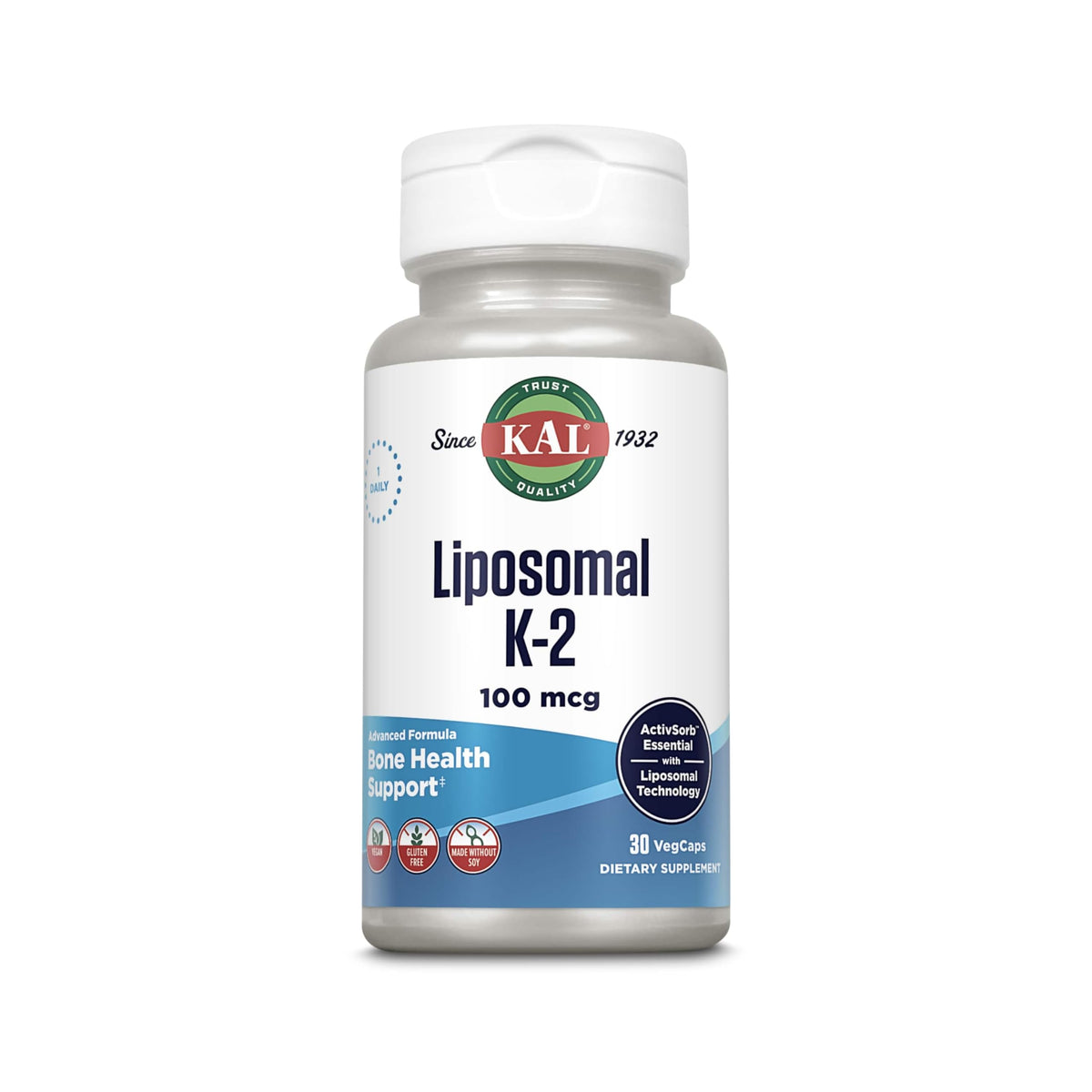 KAL envase frontal liposomal vitamina K2 MK7 mostrando etiqueta clara y beneficios
