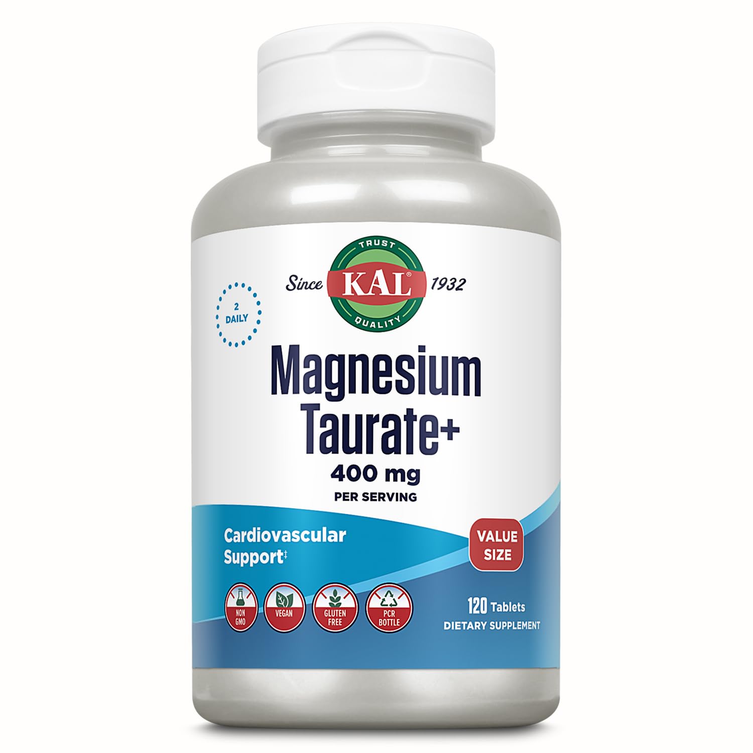 KAL frasco frontal de Magnesium Taurate 400 mg con etiquetado visible y beneficio de confianza