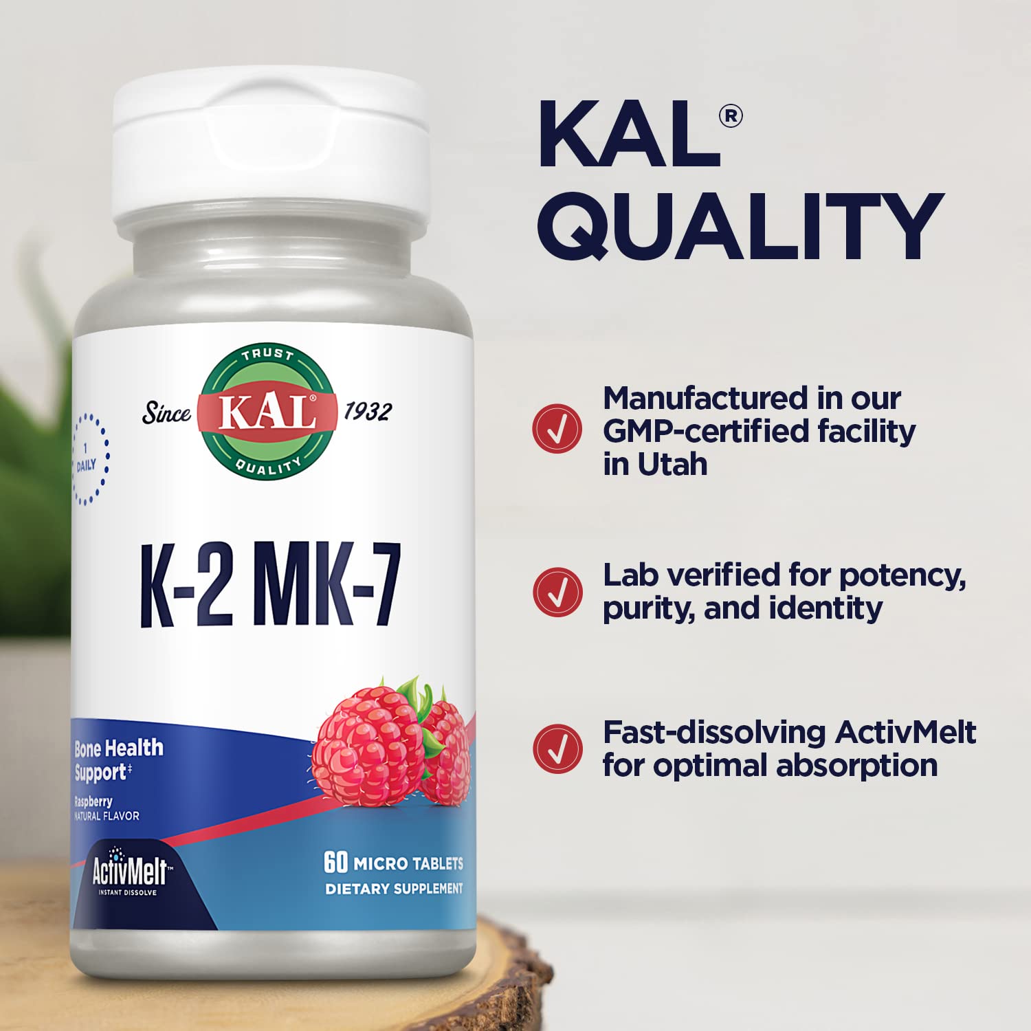 KAL micro tableta disolviéndose en boca, consumo sin agua y sabor frambuesa
