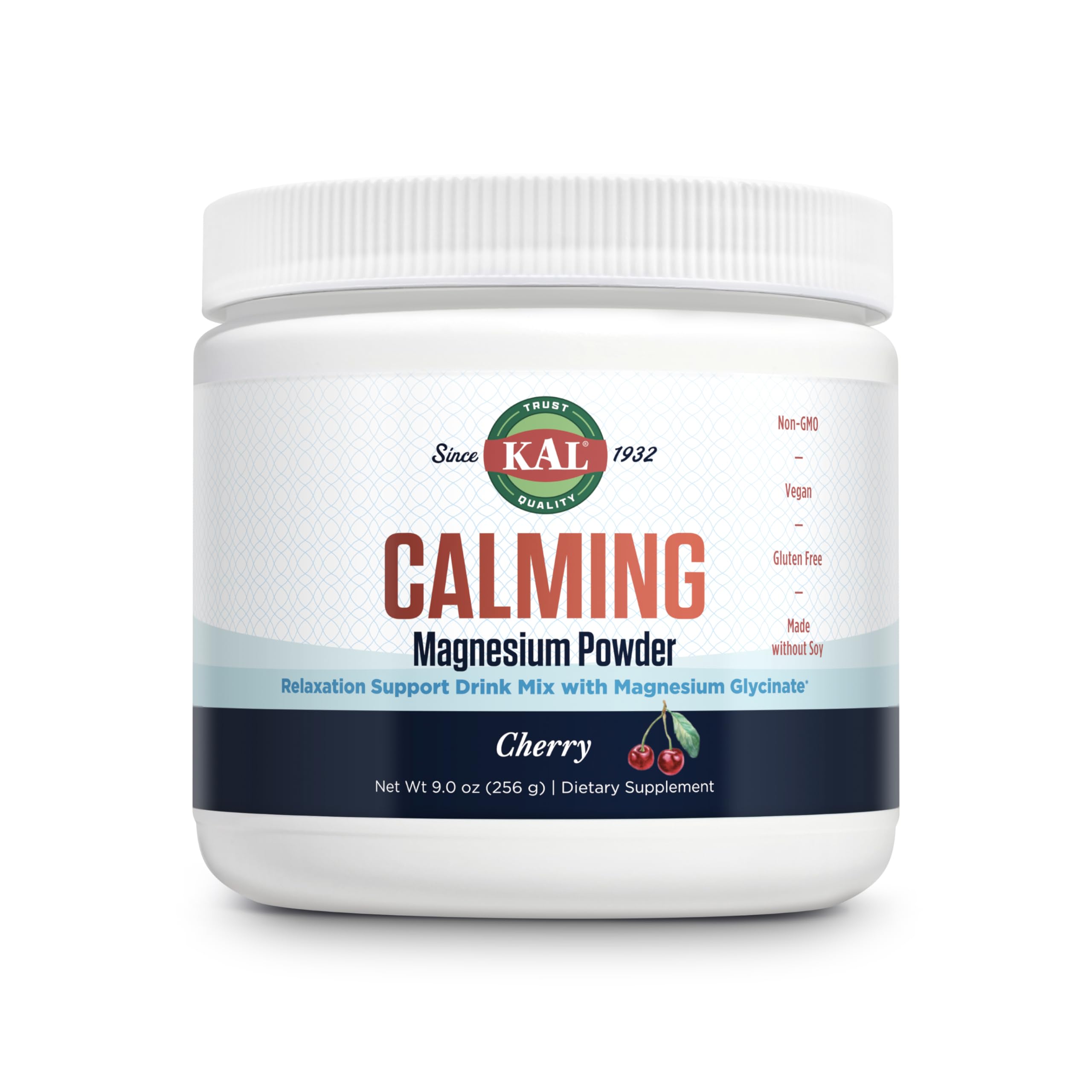 KAL envase frontal de Calming Magnesium Powder sabor cereza mostrando dosis y 40 porciones