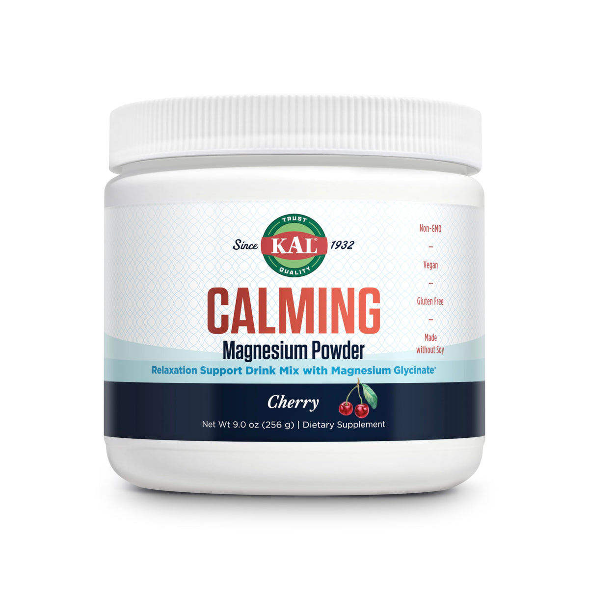 KAL envase frontal de Calming Magnesium Powder sabor cereza mostrando dosis y 40 porciones