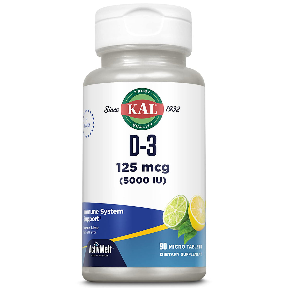 KAL envase frontal del producto mostrando 90 microtabletas y sabor limón-lima