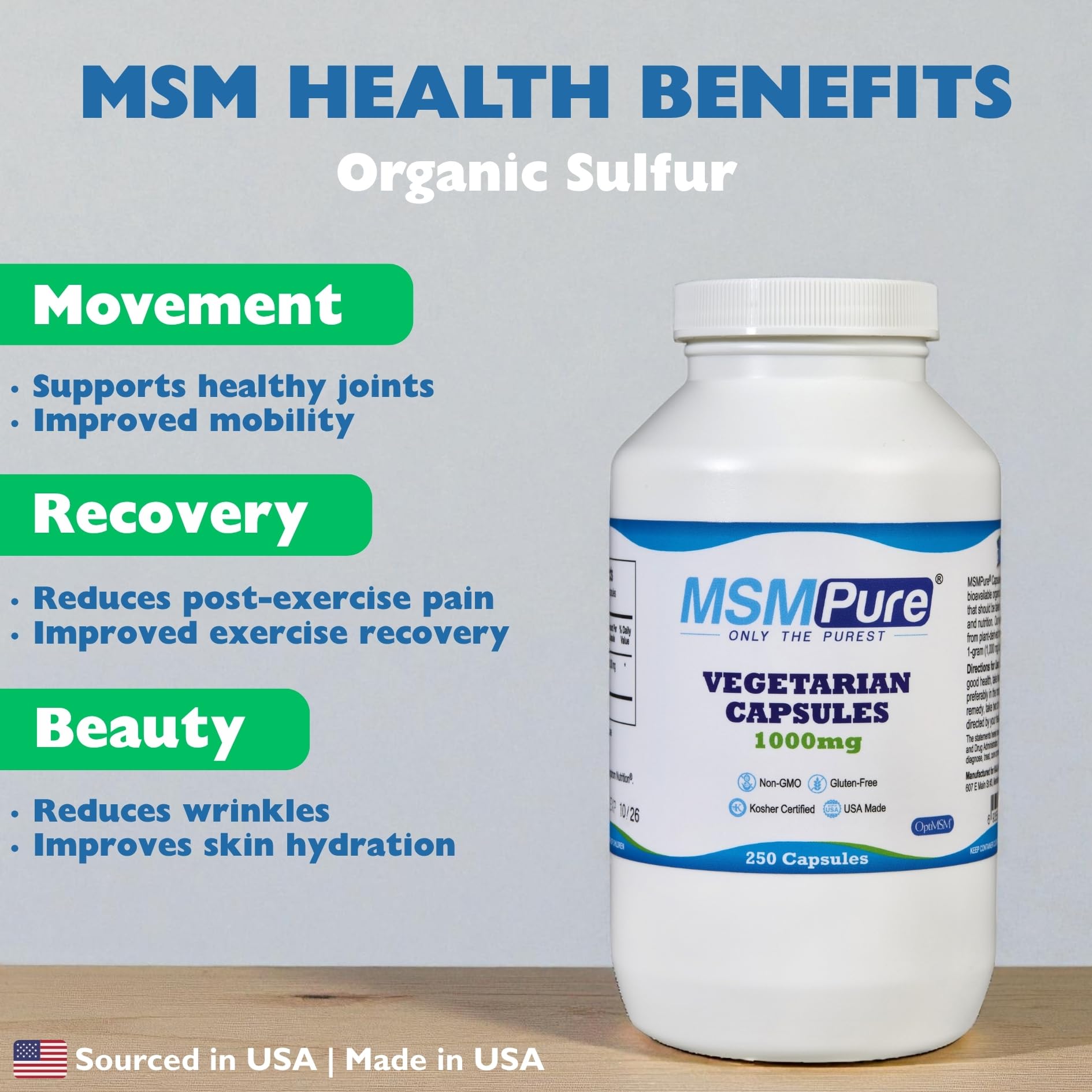 Cápsula MSMPure de KALA HEALTH en primer plano mostrando recubrimiento fácil de tragar