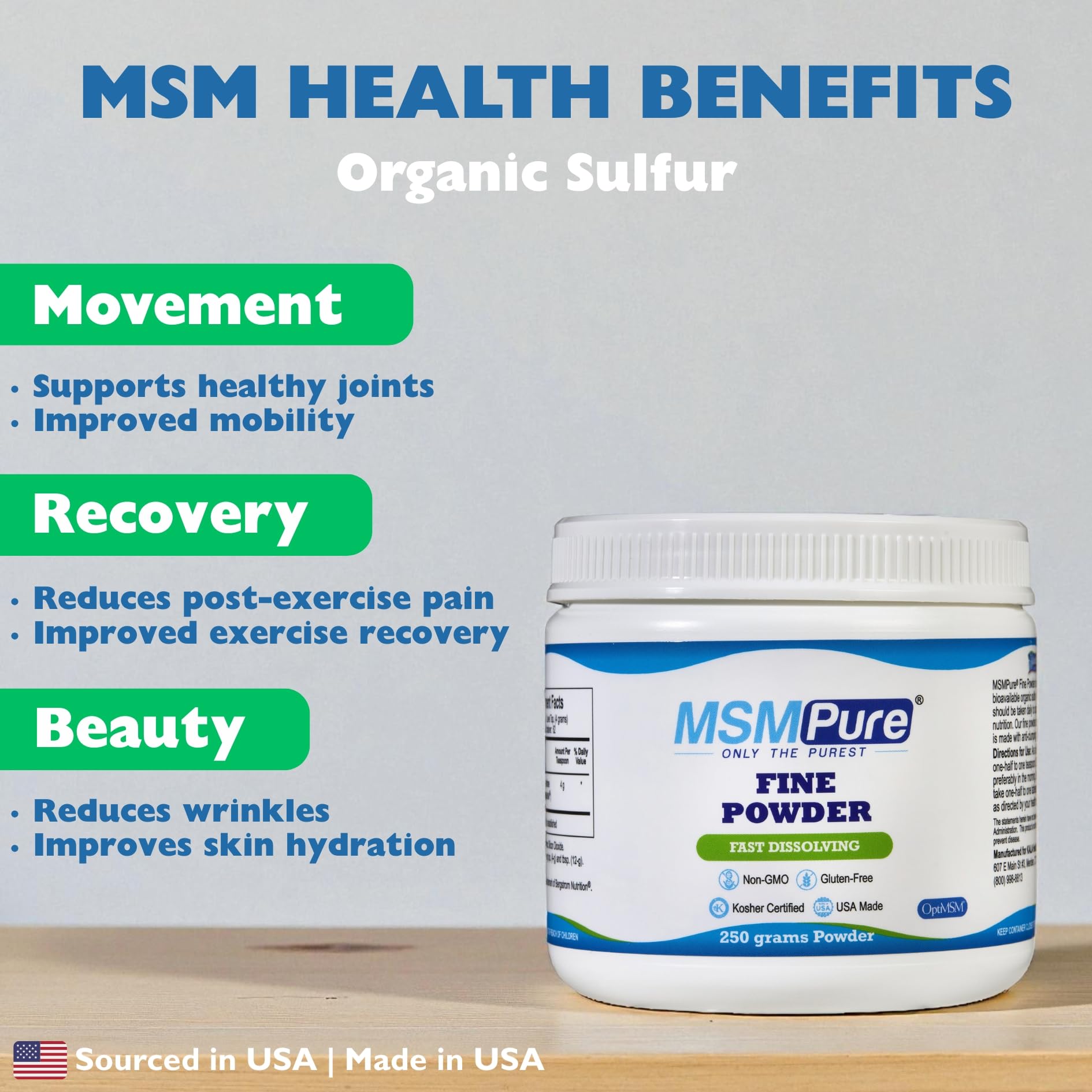 KALA HEALTH cristales finos de MSM mostrando textura disoluble