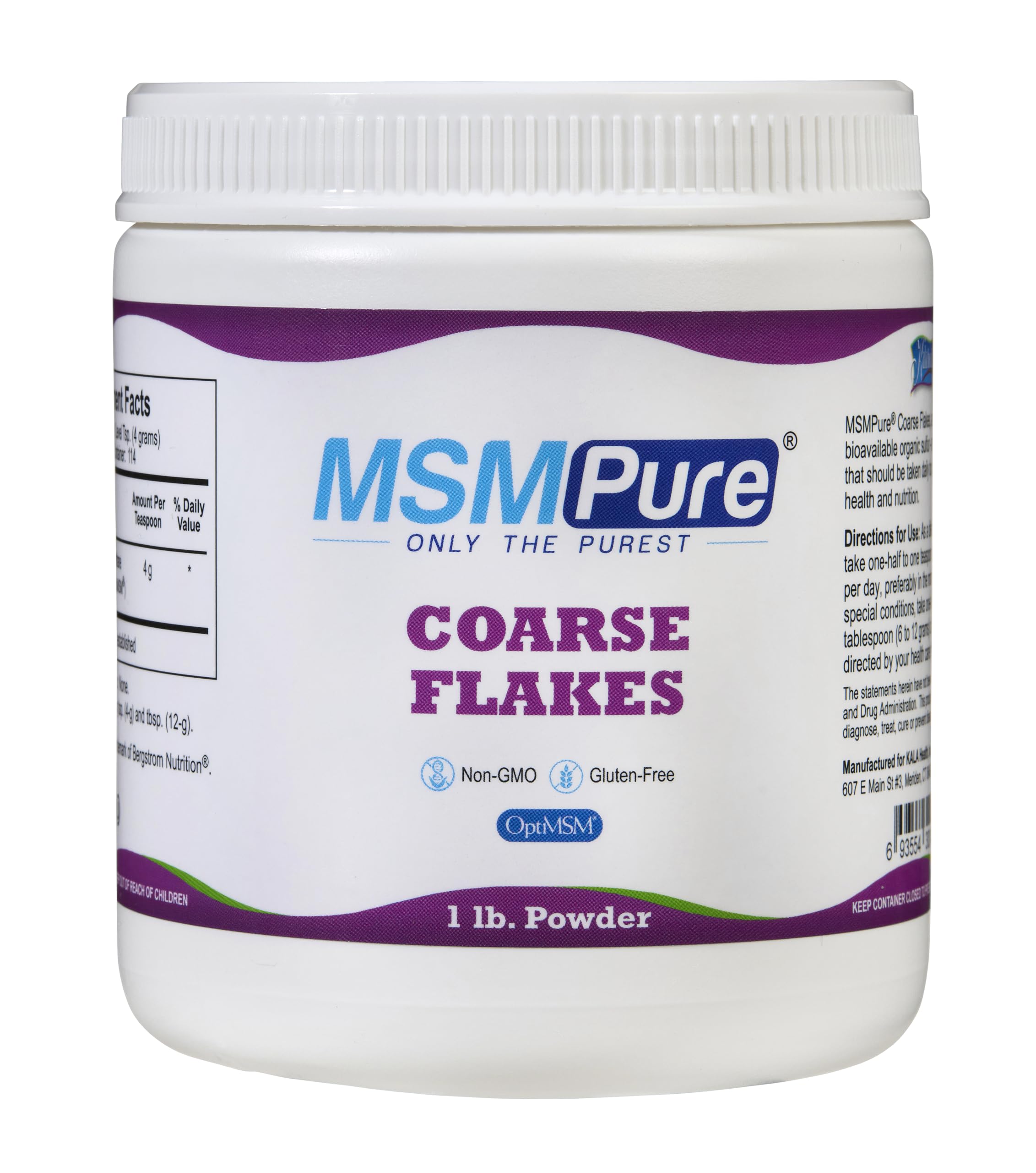 KALA HEALTH frasco MSMPure de frente mostrando etiqueta y beneficio de pureza