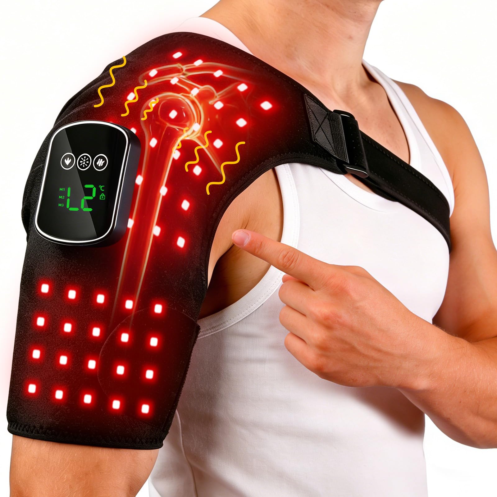 Kammoy vista frontal del vendaje para hombro con diseño ergonómico y batería