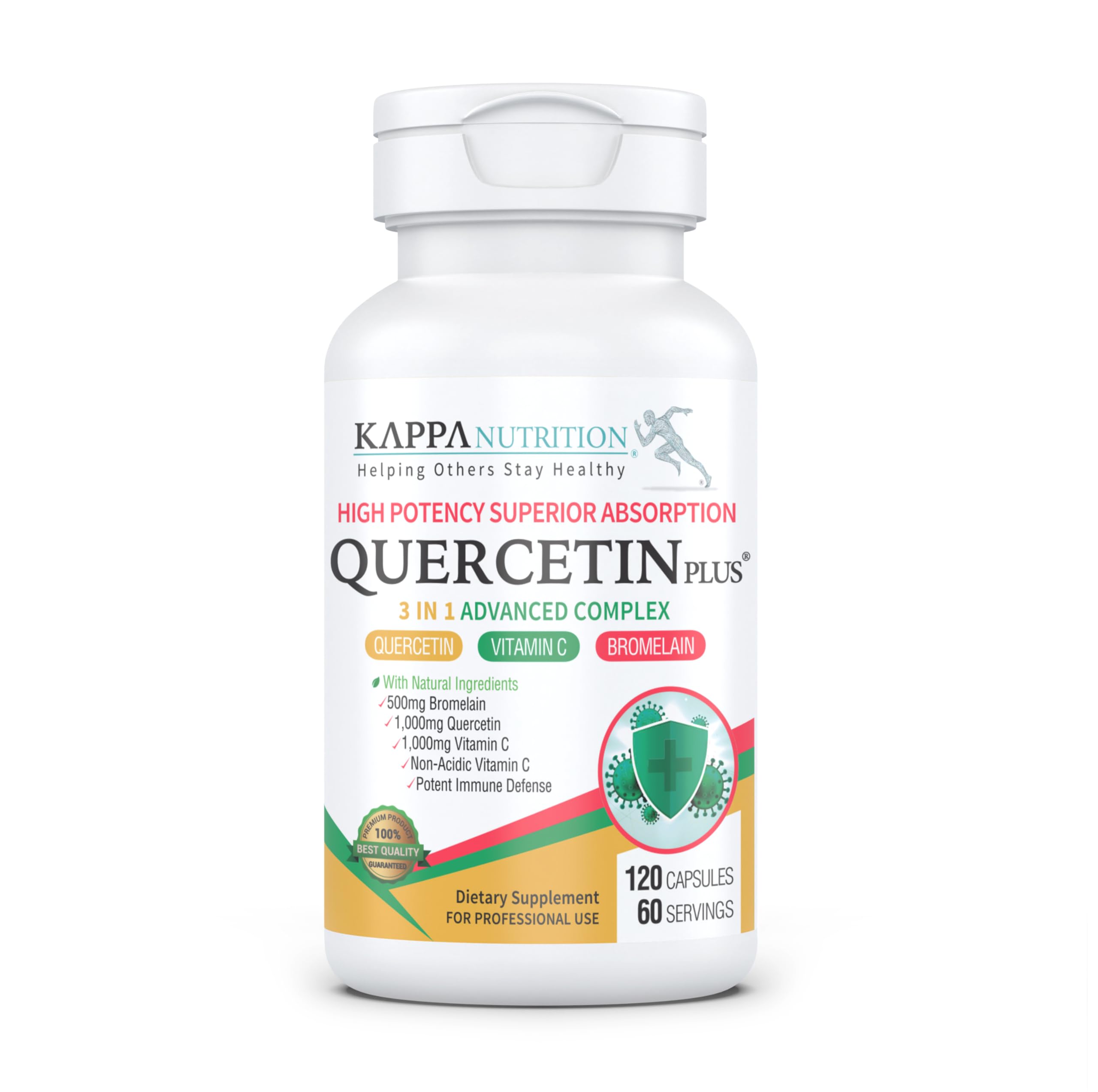 KAPPA NUTRITION frasco frontal mostrando QUERCETIN PLUS y beneficios claros