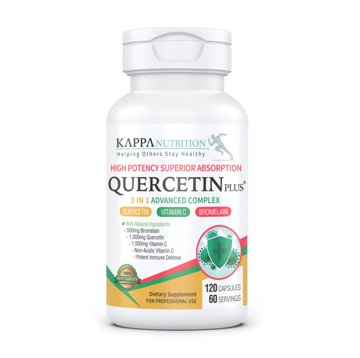 KAPPA NUTRITION frasco frontal mostrando QUERCETIN PLUS y beneficios claros