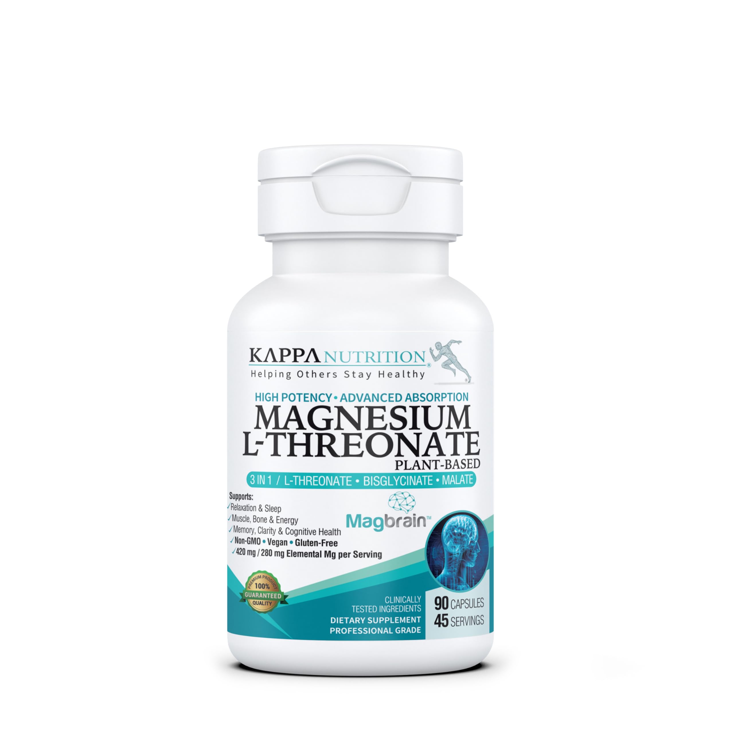 KAPPA NUTRITION envase frontal mostrando magnesio L‑treonato y beneficios
