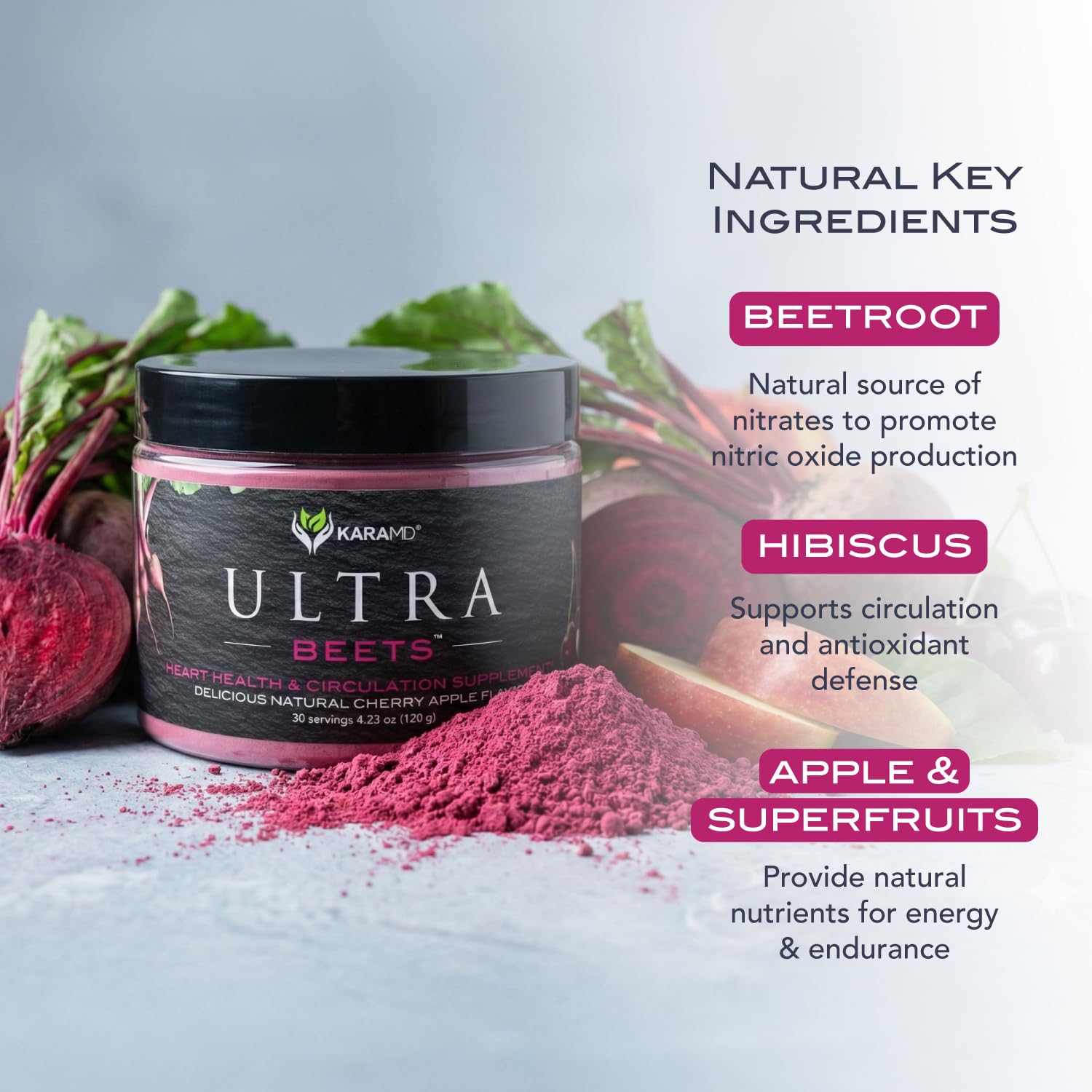 KaraMD UltraBeets etiqueta de ingredientes resalta non-GMO y sin gluten