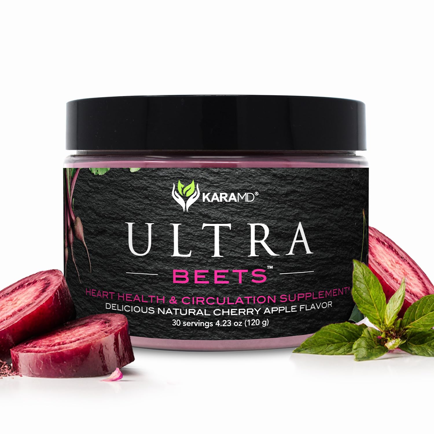 KaraMD UltraBeets frente del envase mostrando sabor cherry-apple y beneficios